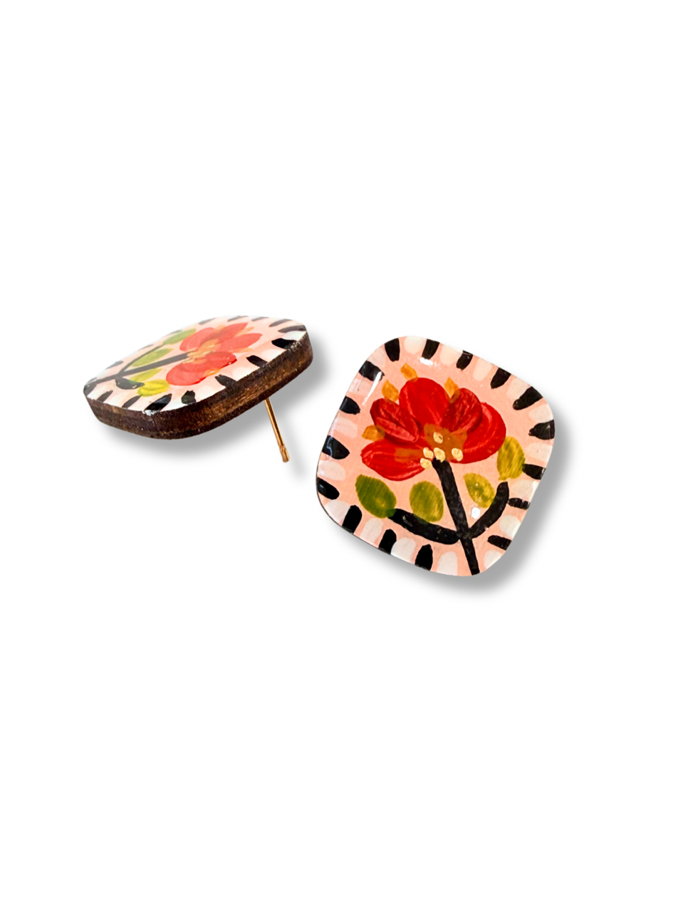 Red Folk Flower Stud Earrings — Hand Painted Wood — One of a Kind
