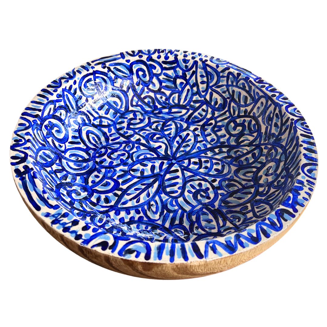 Round Wood Bowl - Blue and White Floral