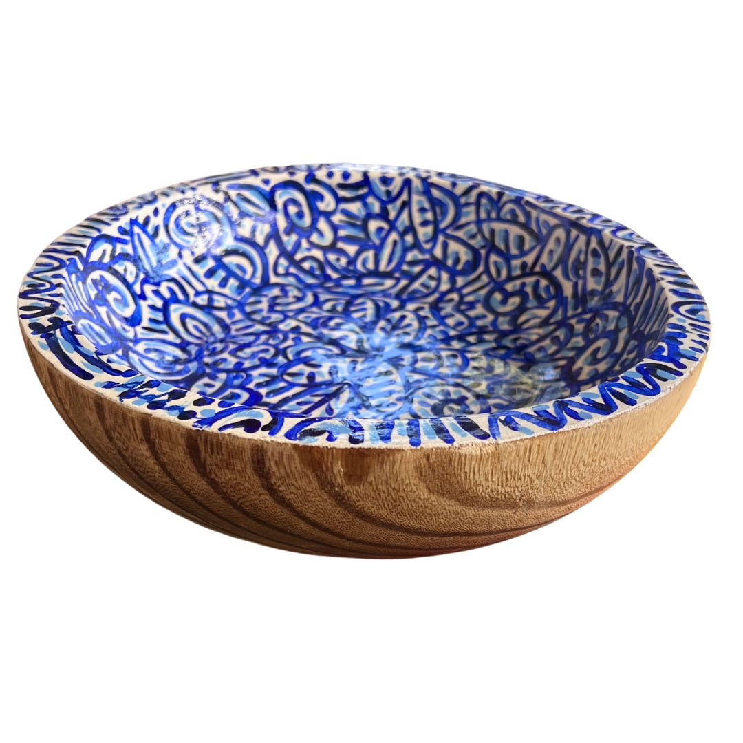 Round Wood Bowl - Blue and White Floral