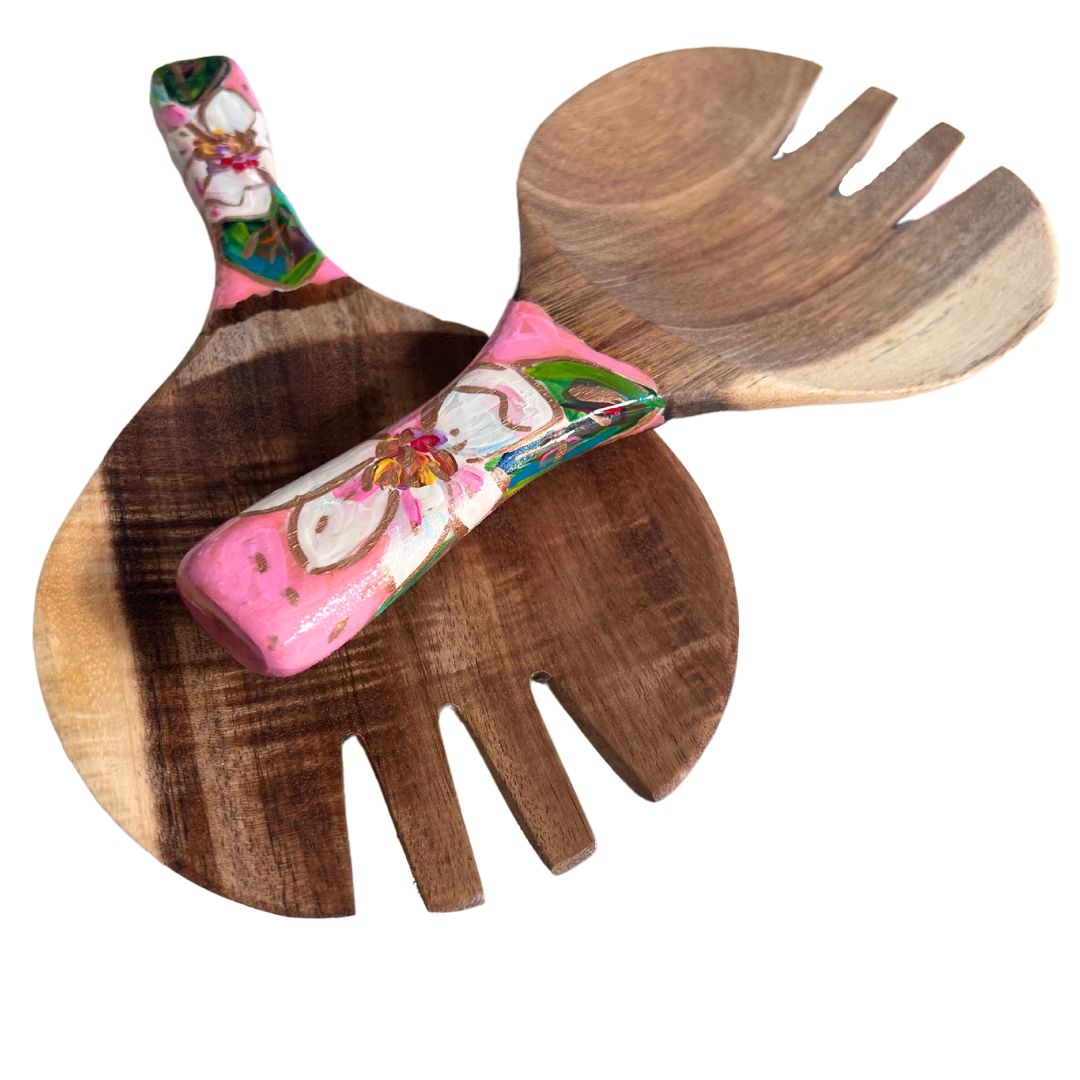 Hand-Painted Wooden Salad Tossers - Magnolias