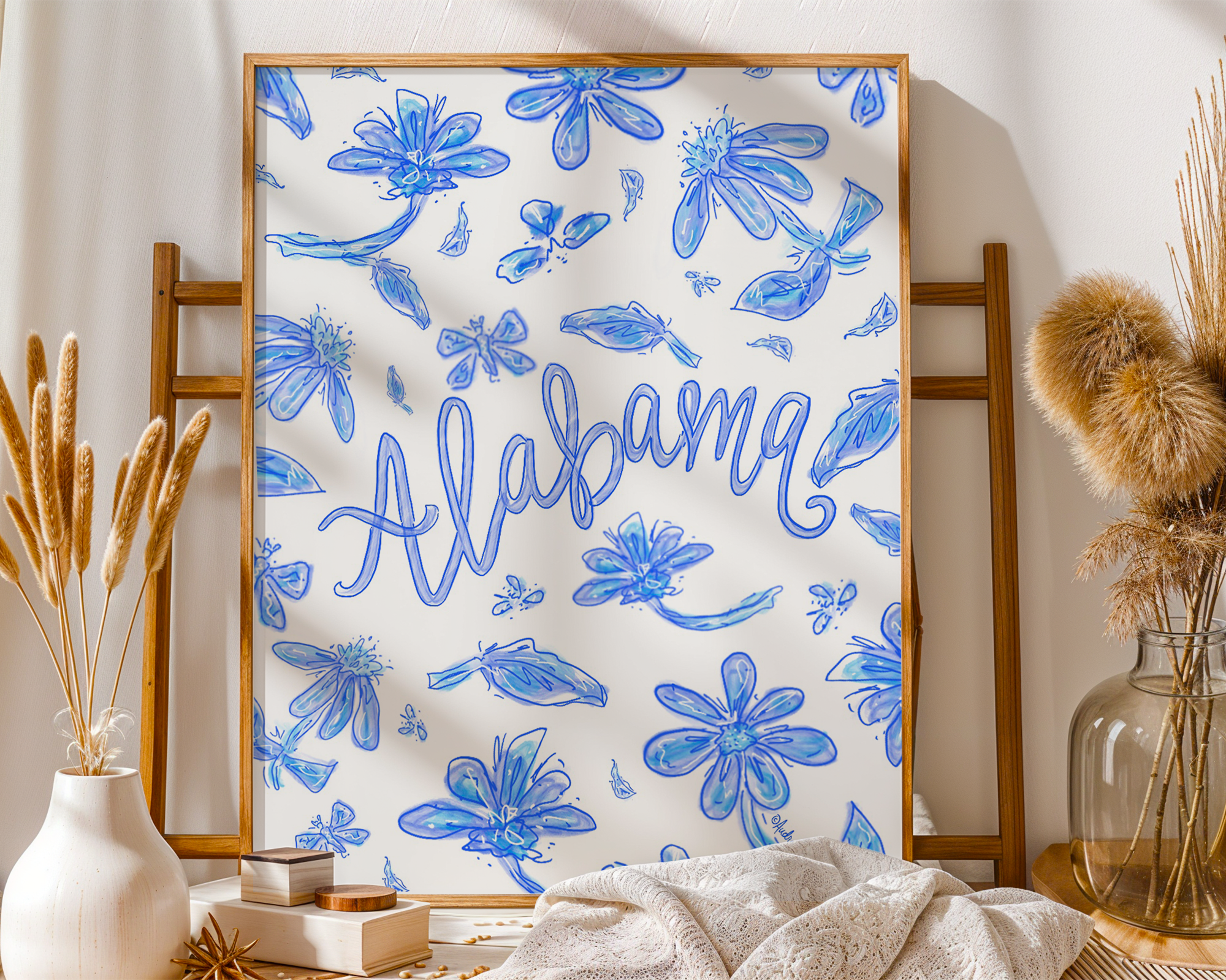 Alabama Art Print on Paper or Canvas - State Pride, Hometown, Blue White Floral Wall Art Poster