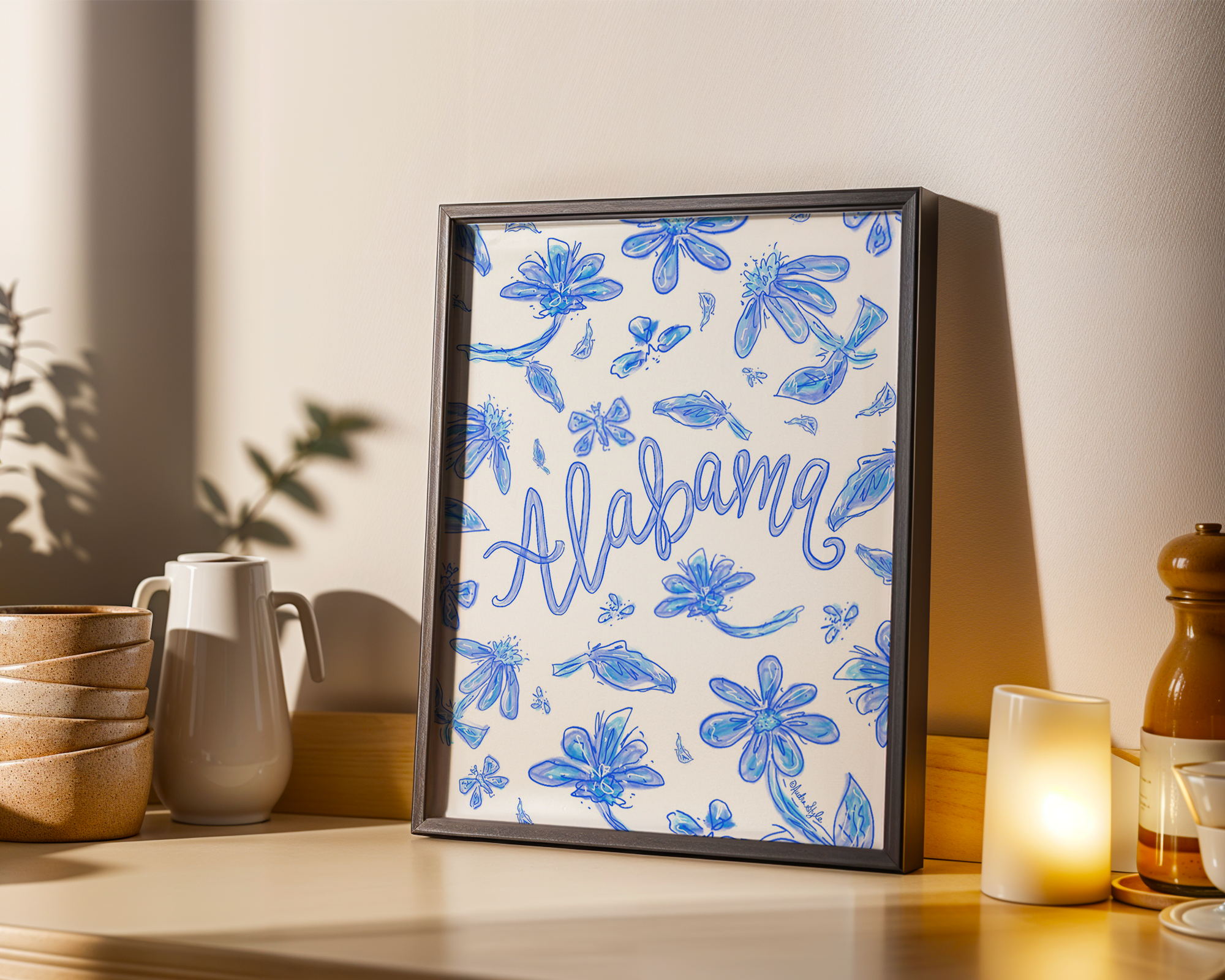 Alabama Art Print on Paper or Canvas - State Pride, Hometown, Blue White Floral Wall Art Poster