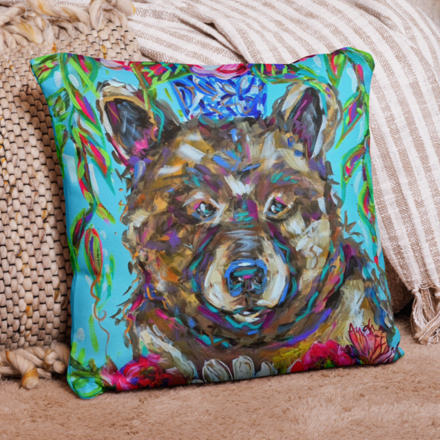 Bear and Bouquet Throw Pillow