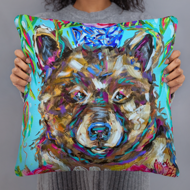 Bear and Bouquet Throw Pillow