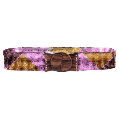 Hand loomed glass bead belt wood scroll triangles in purple