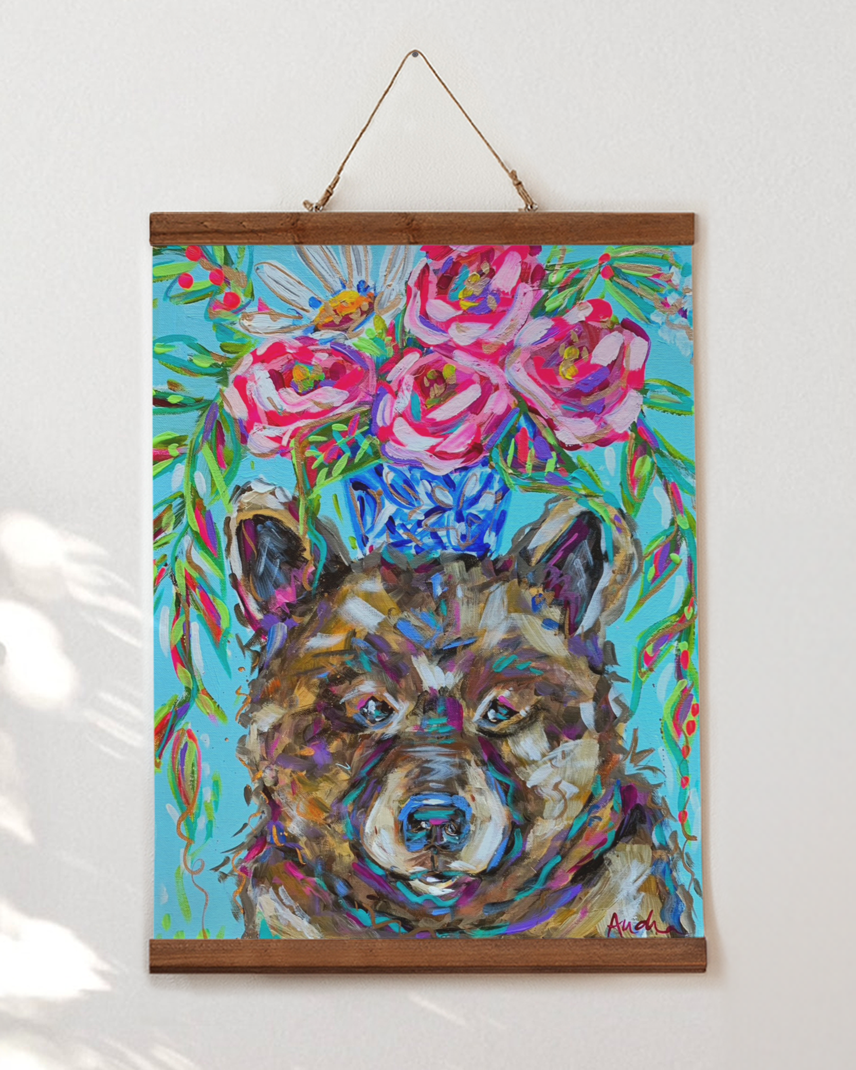 Bear Art Print on Paper or Canvas - Colorful Animal Wall Art, Floral Wall Poster, Kids Room Baby Nursery