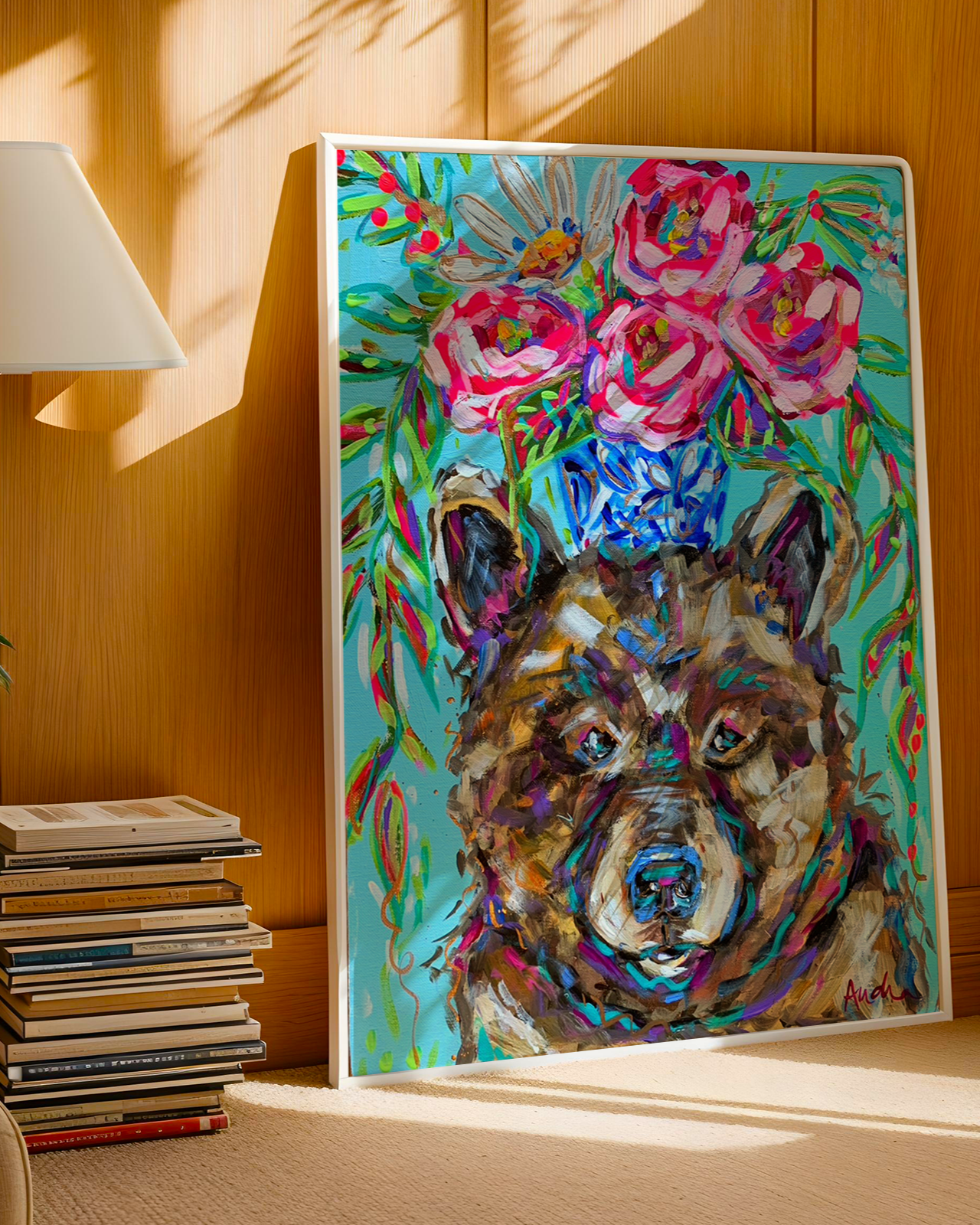 Bear Art Print on Paper or Canvas - Colorful Animal Wall Art, Floral Wall Poster, Kids Room Baby Nursery