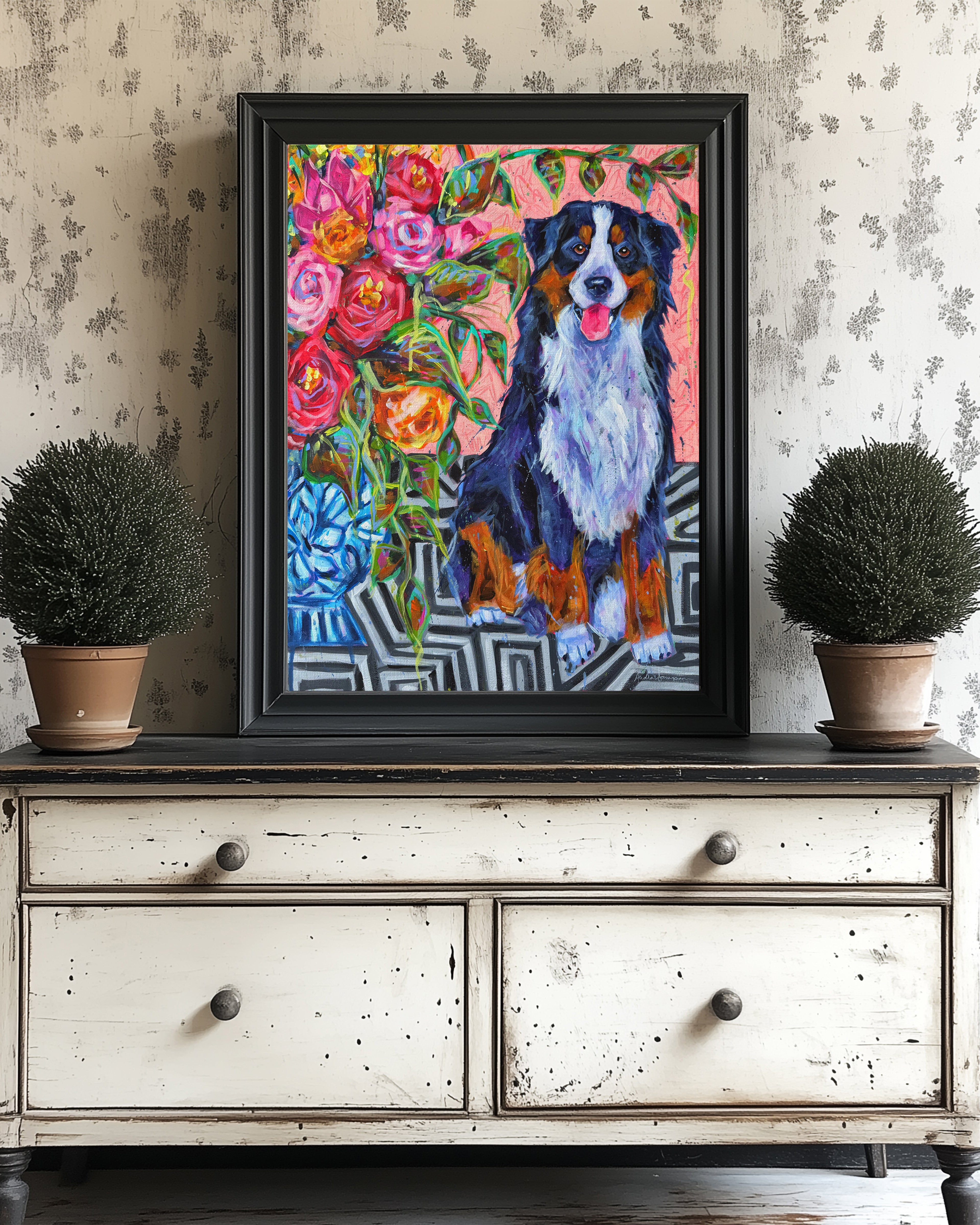 Bernese Mountain Dog Art Print | Maximalist Dog Wall Art | Dopamine Decor