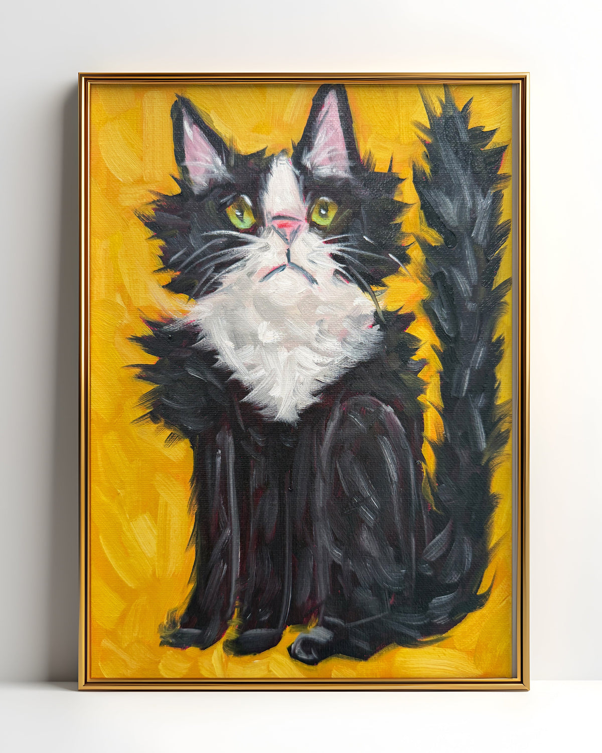 Black and White Fluffy Cat Art Print on Paper or Canvas - Kitty Cat Art Poster
