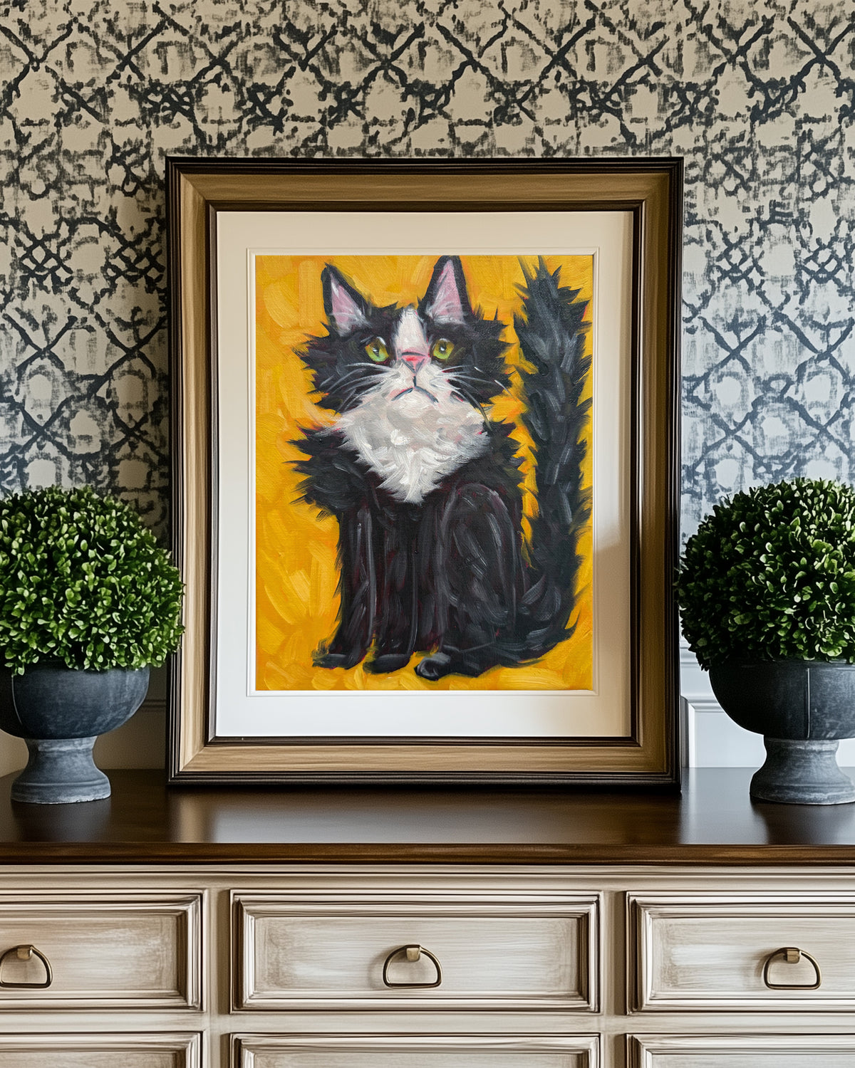 Black and White Fluffy Cat Art Print on Paper or Canvas - Kitty Cat Art Poster