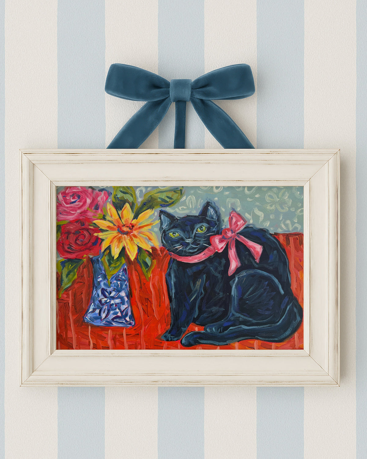 Black Cat with Floral Bouquet Art Print on Paper or Canvas - Kitty Cat Art Poster