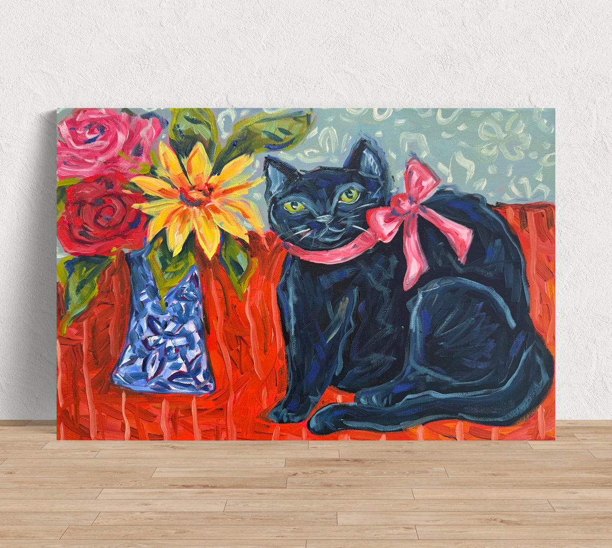 Black Cat with Floral Bouquet Art Print on Paper or Canvas - Kitty Cat Art Poster