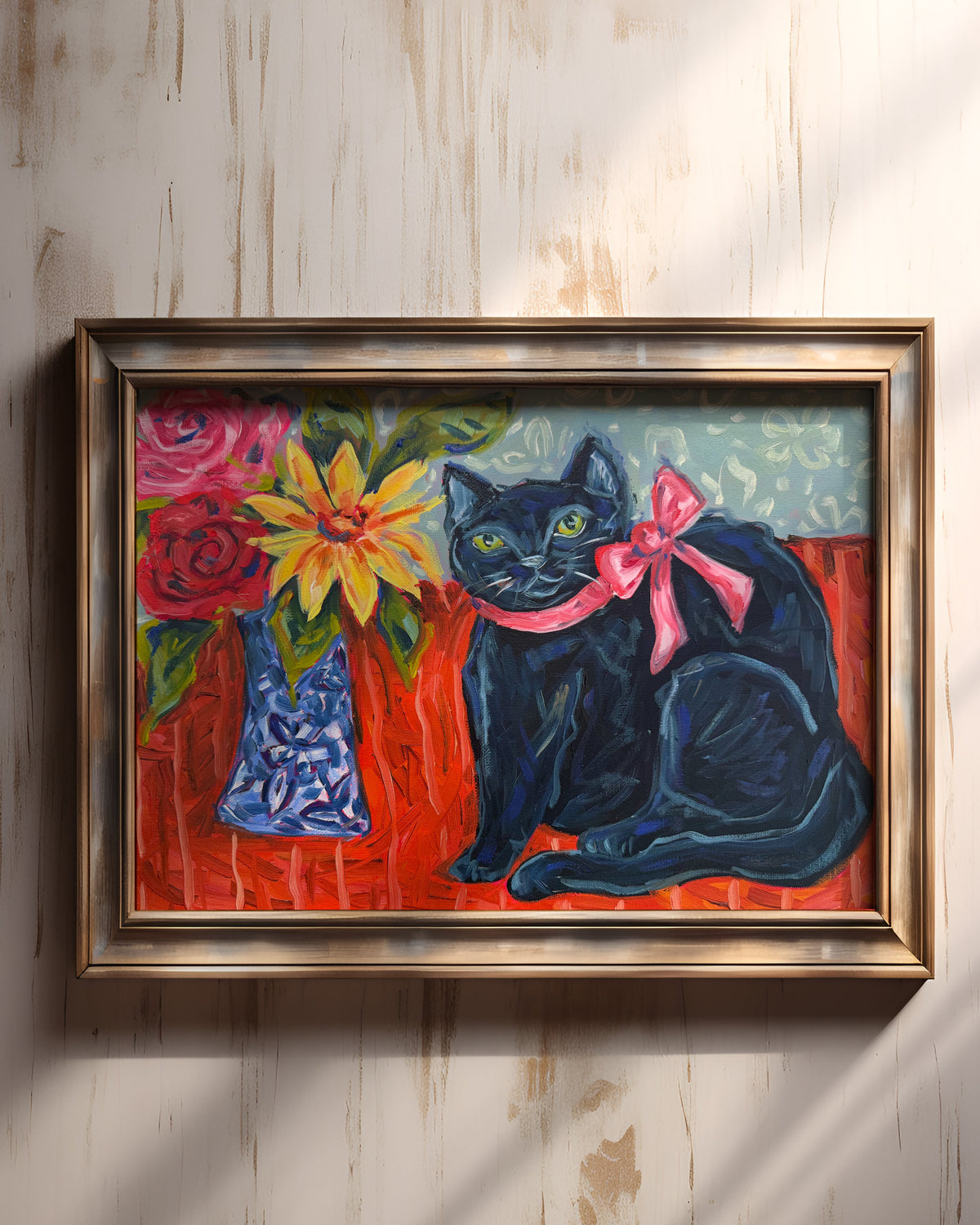 Black Cat with Floral Bouquet Art Print on Paper or Canvas - Kitty Cat Art Poster