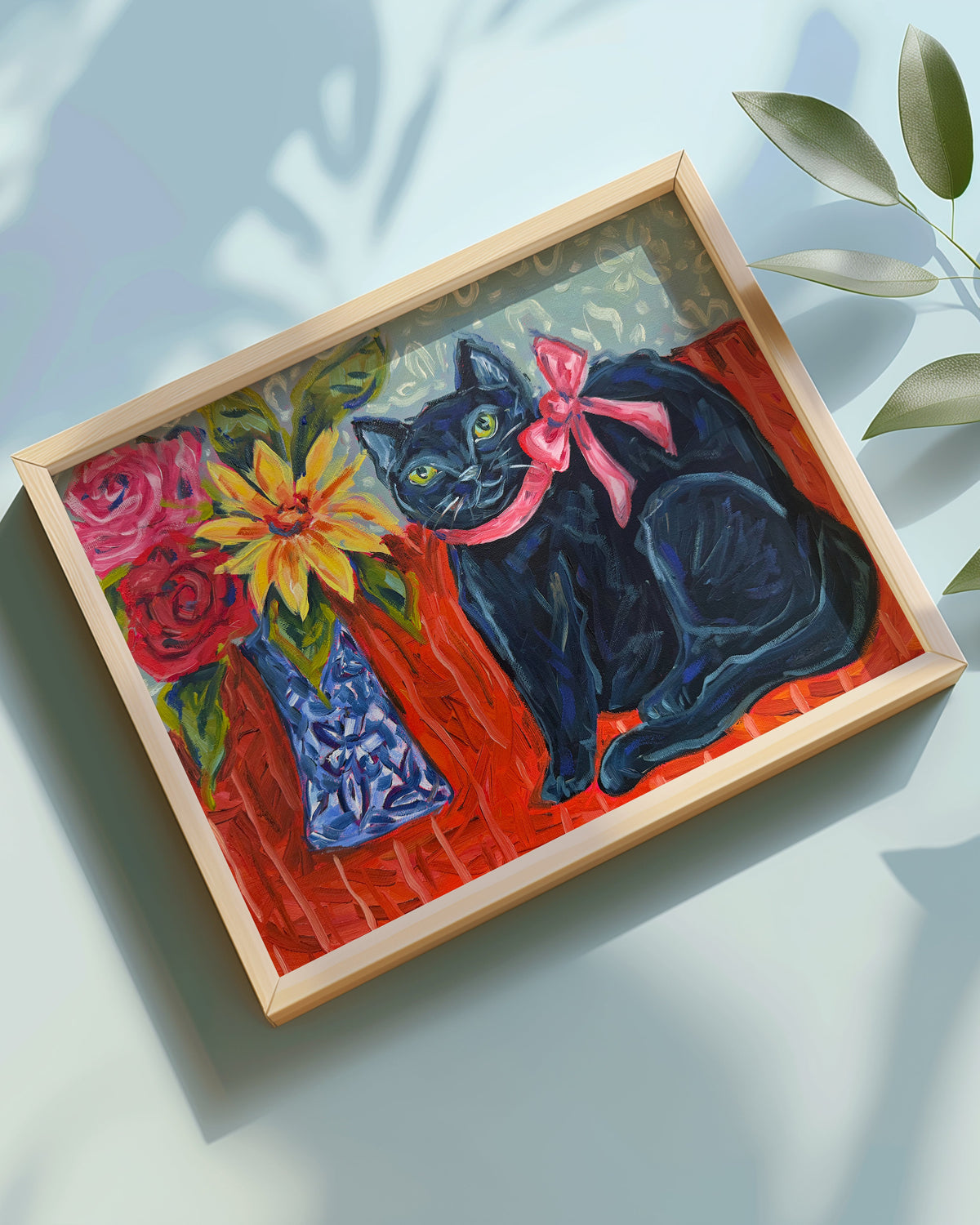 Black Cat with Floral Bouquet Art Print on Paper or Canvas - Kitty Cat Art Poster