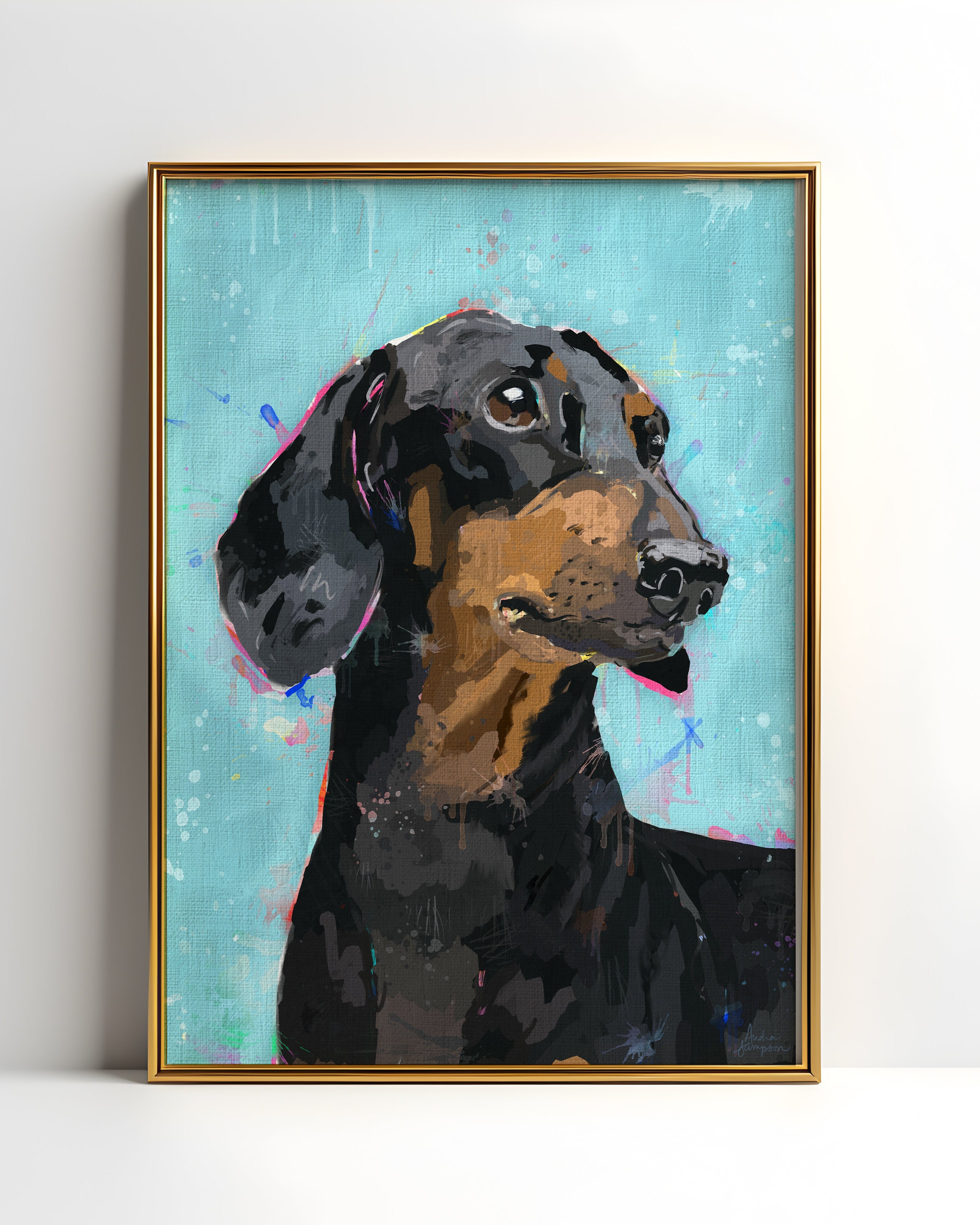 Black and Tan Dachshund Dog Doggie Art Print on Paper or Canvas - Colorful Decor, Maximalist Art Poster