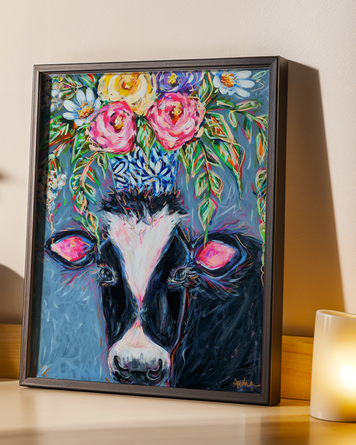 Cow Art Print on Paper or Canvas - Maximalist Decor, Farmhouse Poster, Colorful Floral Art Print