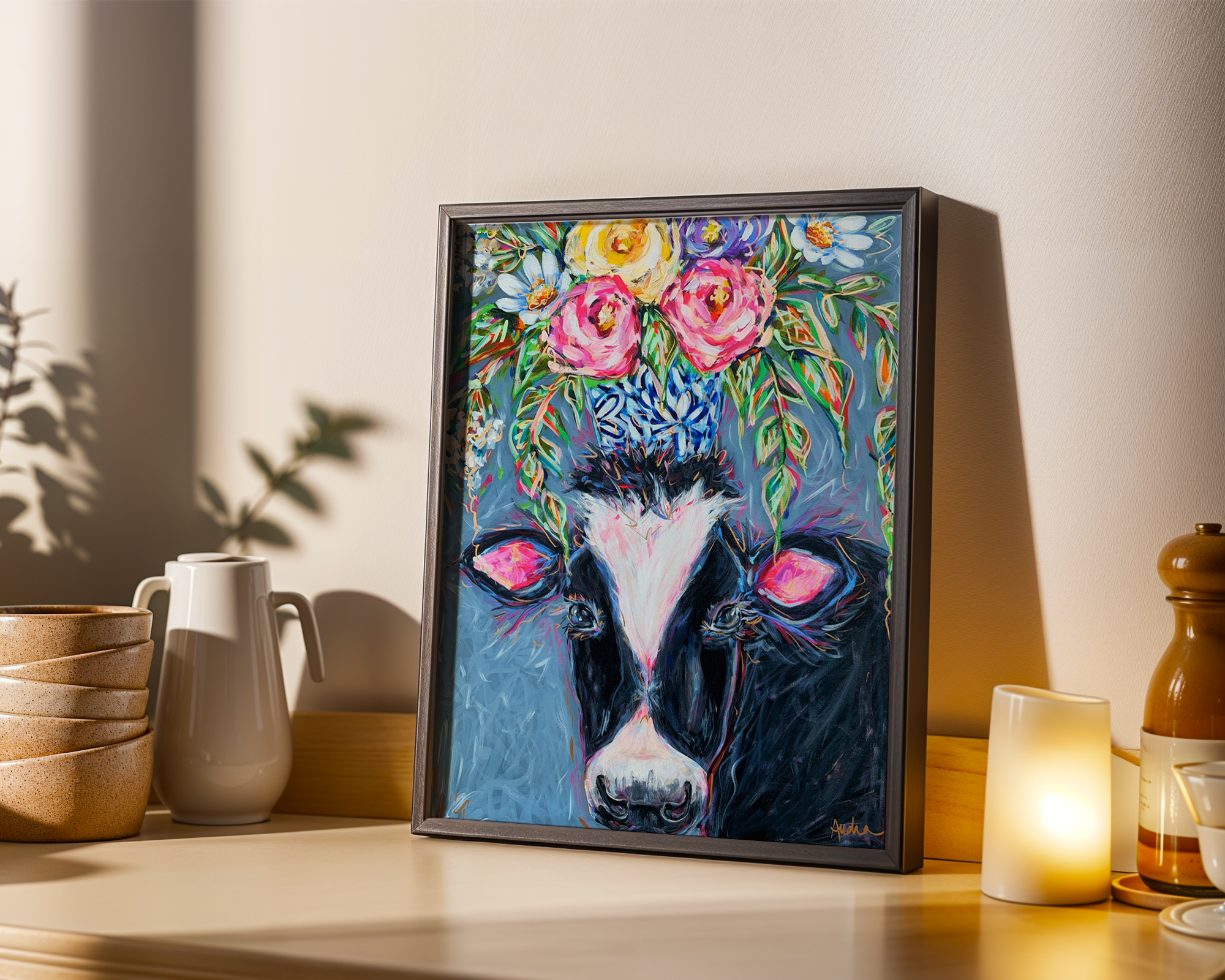 Cow Art Print on Paper or Canvas - Maximalist Decor, Farmhouse Poster, Colorful Floral Art Print