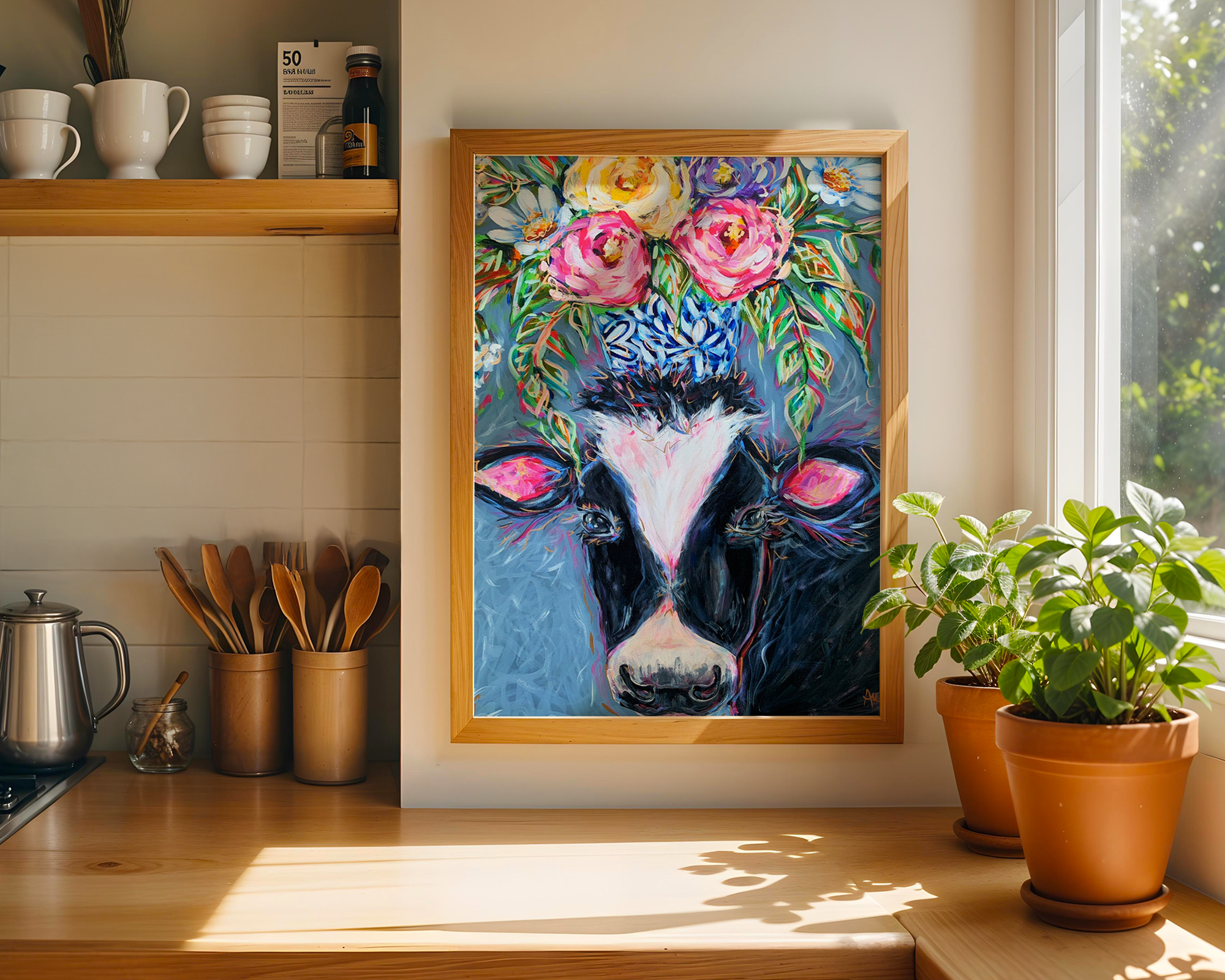 Cow Art Print on Paper or Canvas - Maximalist Decor, Farmhouse Poster, Colorful Floral Art Print