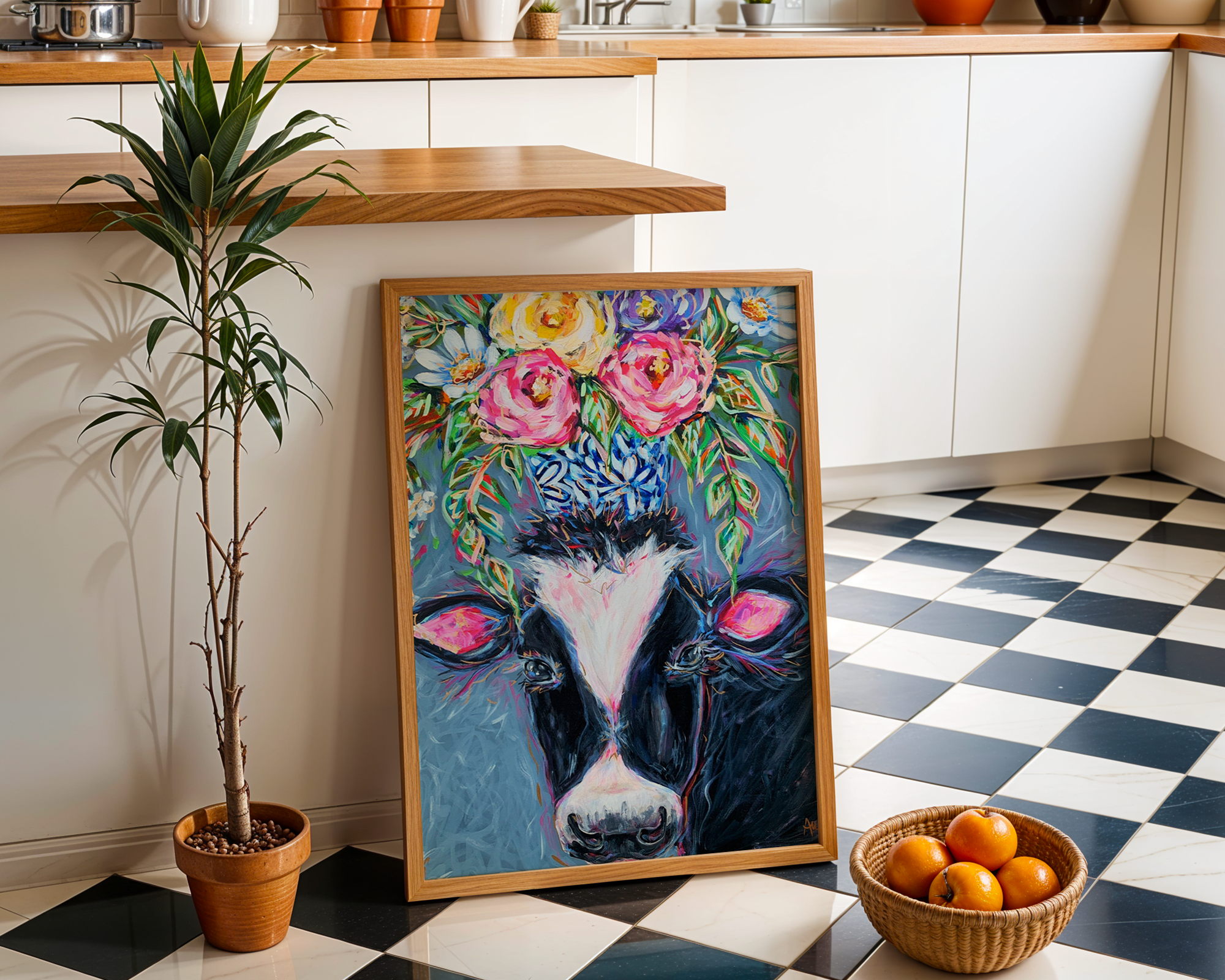 Cow Art Print on Paper or Canvas - Maximalist Decor, Farmhouse Poster, Colorful Floral Art Print