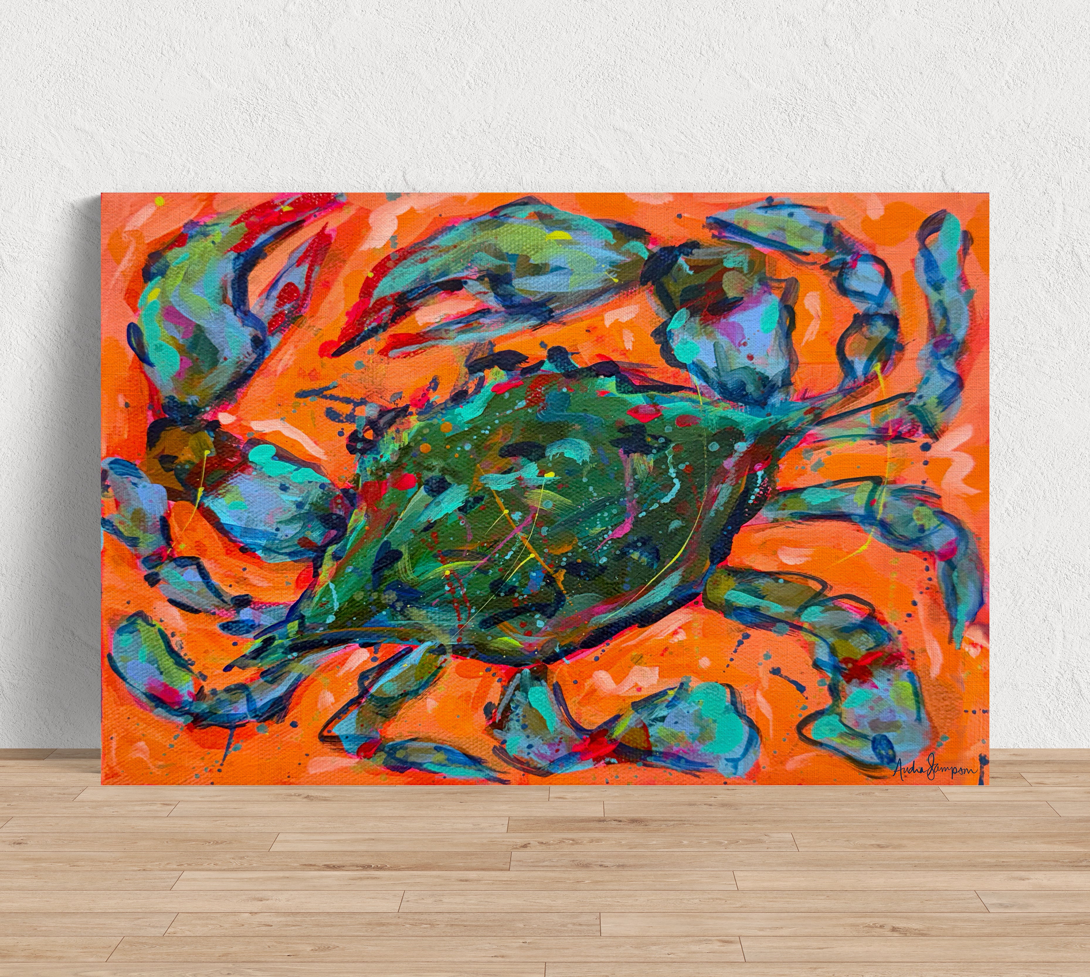 Blue Crab on Orange Whimsical Coastal Art Print - Paper or Canvas