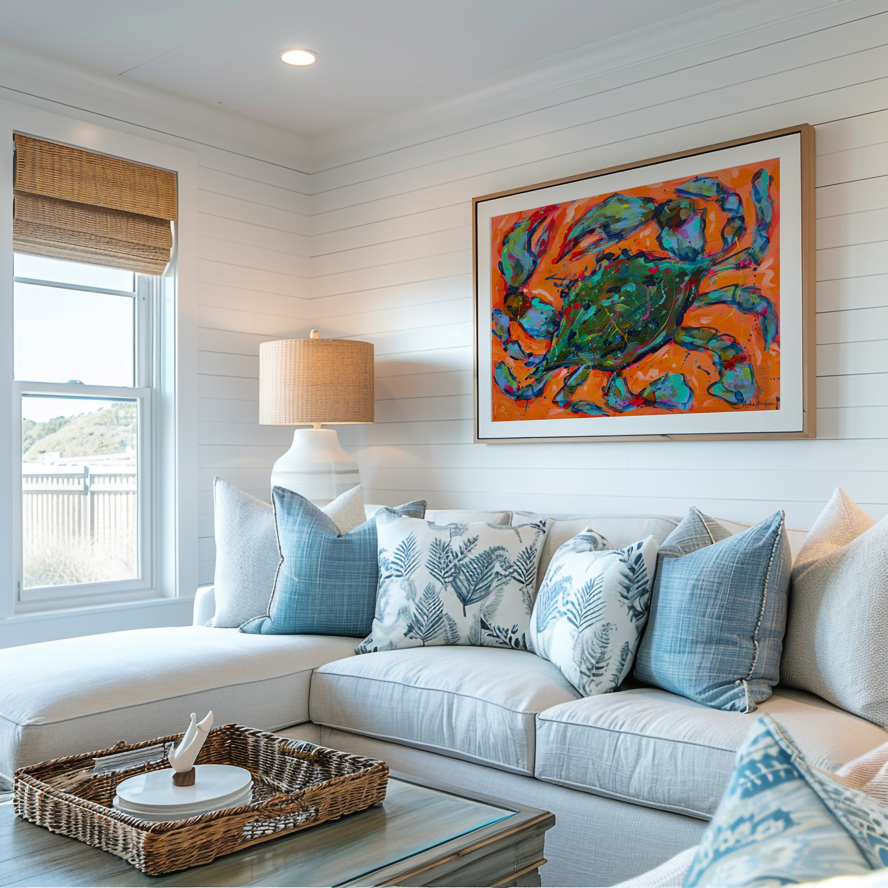 Blue Crab on Orange Whimsical Coastal Art Print - Paper or Canvas