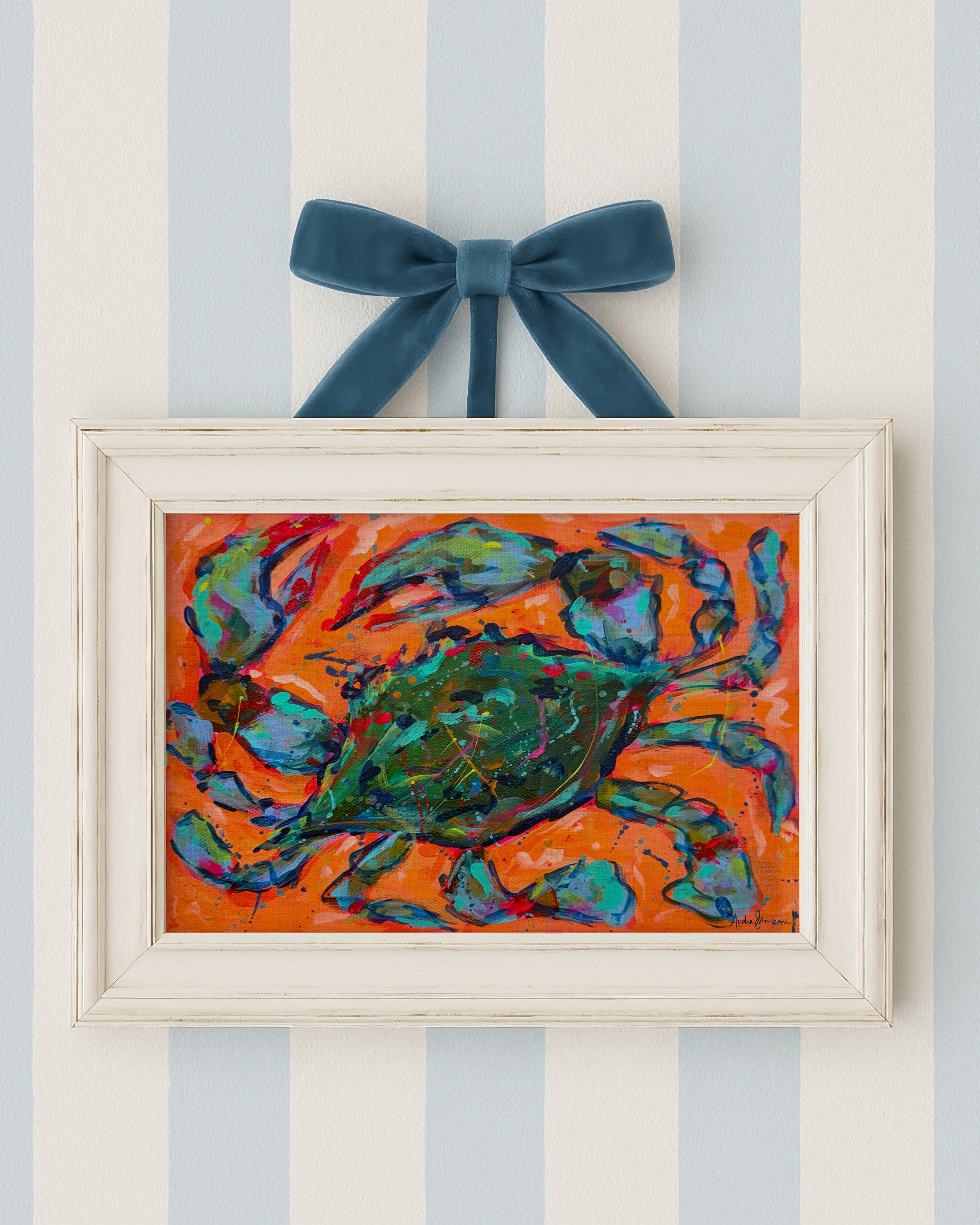 Blue Crab on Orange Whimsical Coastal Art Print - Paper or Canvas