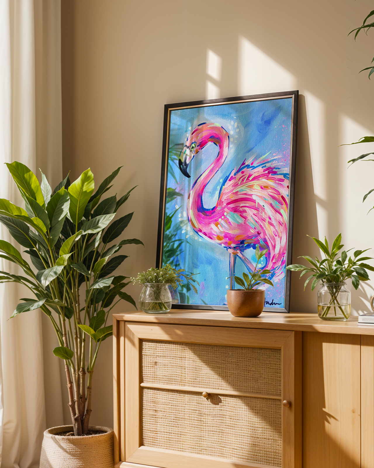 Flamingo Art Print on Paper or Canvas - Pink Decor, Maximalist Coastal Wall Art Poster