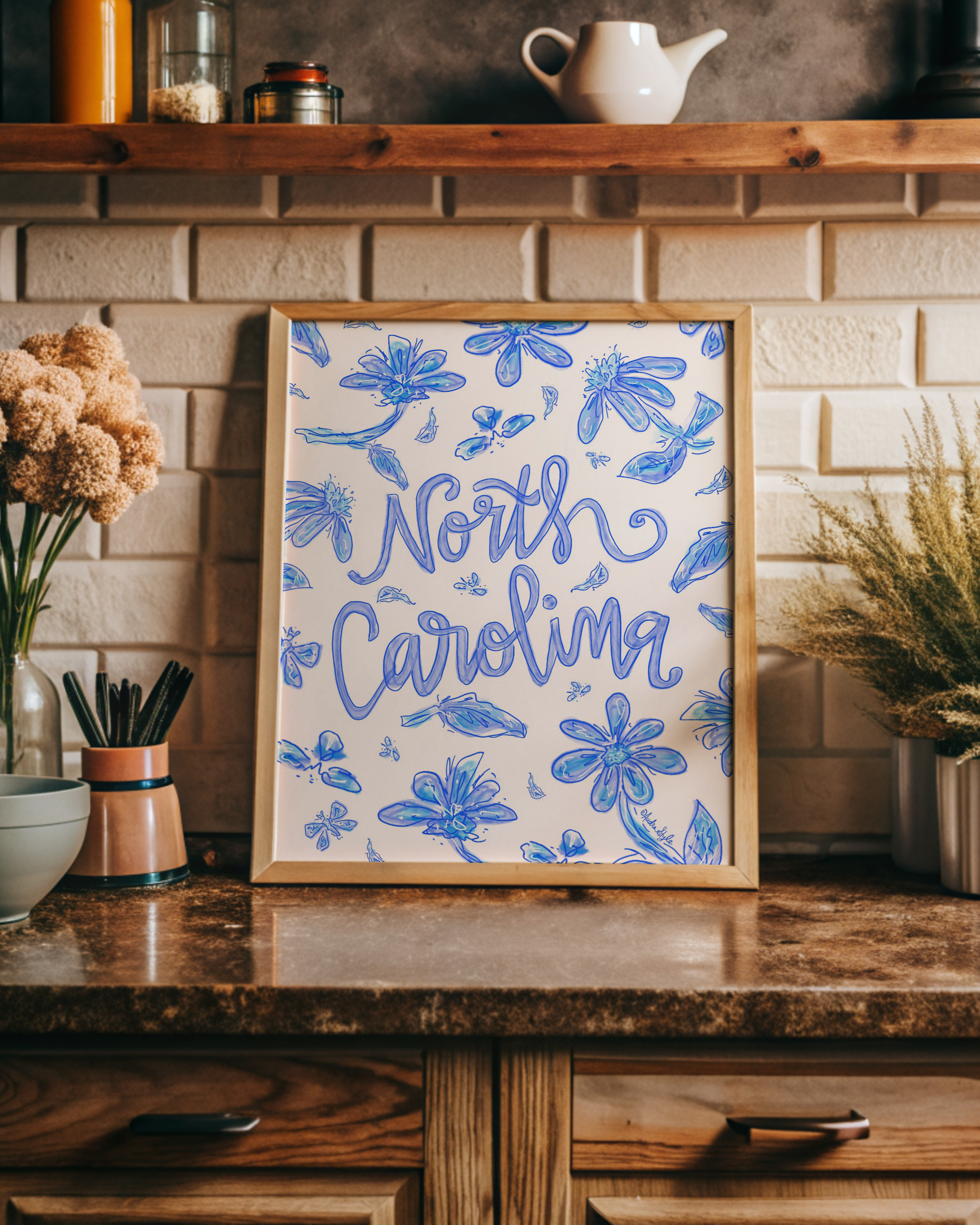 North Carolina Art Print on Paper or Canvas - Hometown, State Pride, Blue and White Floral Wall Art Poster