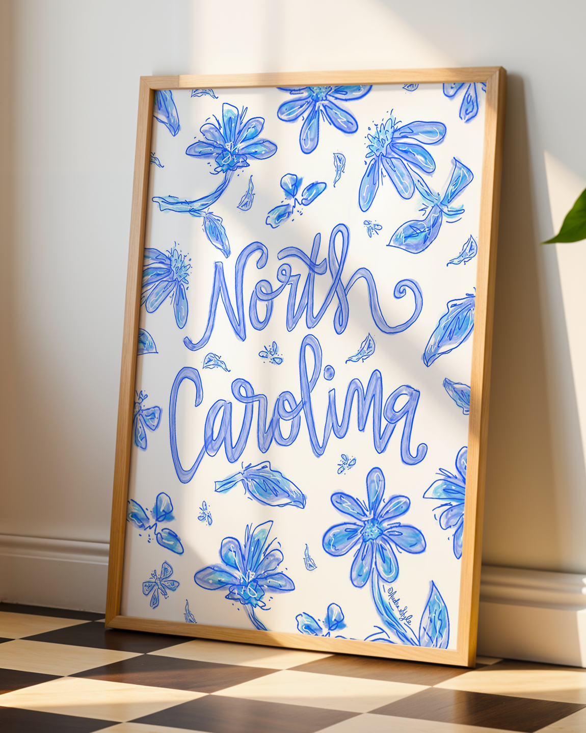 North Carolina Art Print on Paper or Canvas - Hometown, State Pride, Blue and White Floral Wall Art Poster