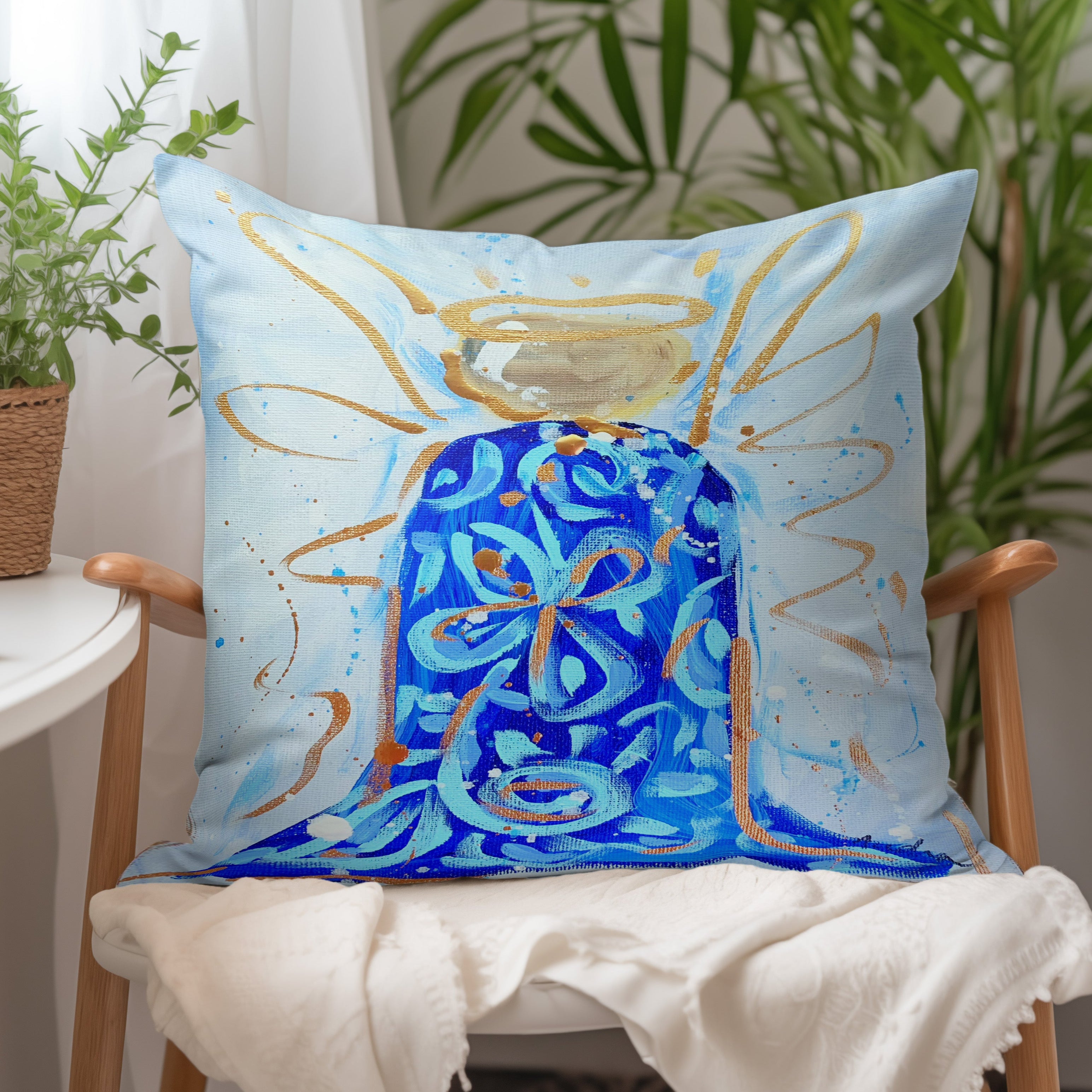 Blue White Angel Throw Pillow