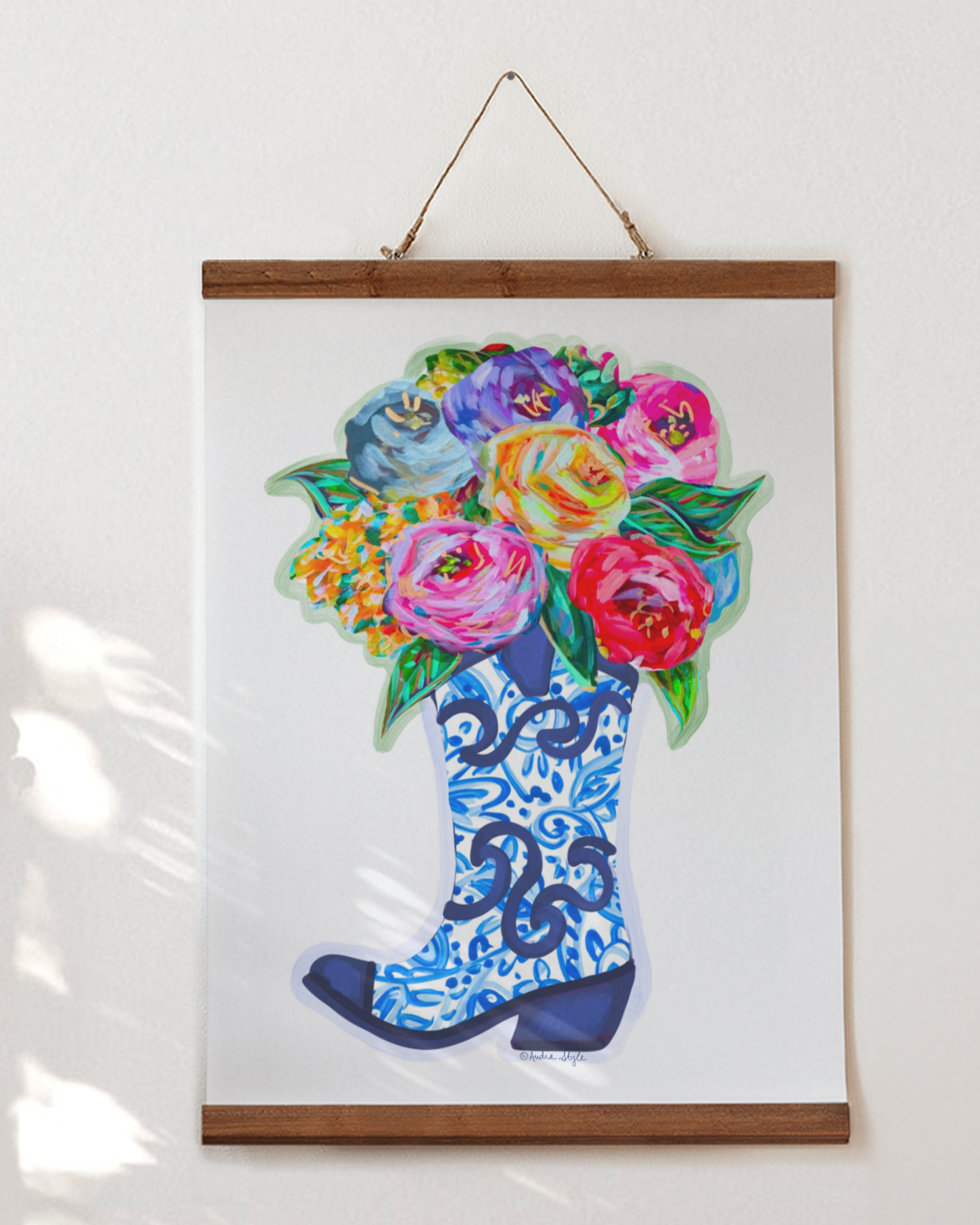 Blue and White Cowboy Boot Bouquet Art Print - Grand Millennial, Colorful Wall Art Poster