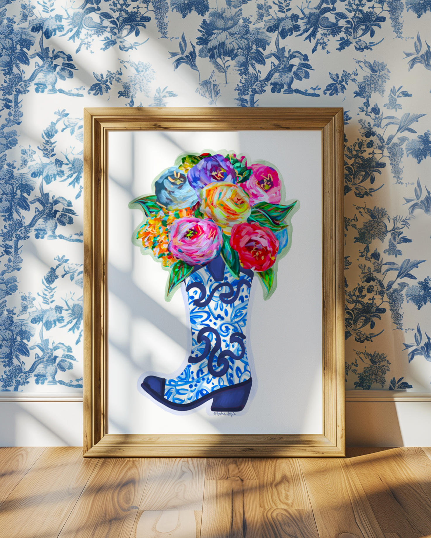 Blue and White Cowboy Boot Bouquet Art Print - Grand Millennial, Colorful Wall Art Poster