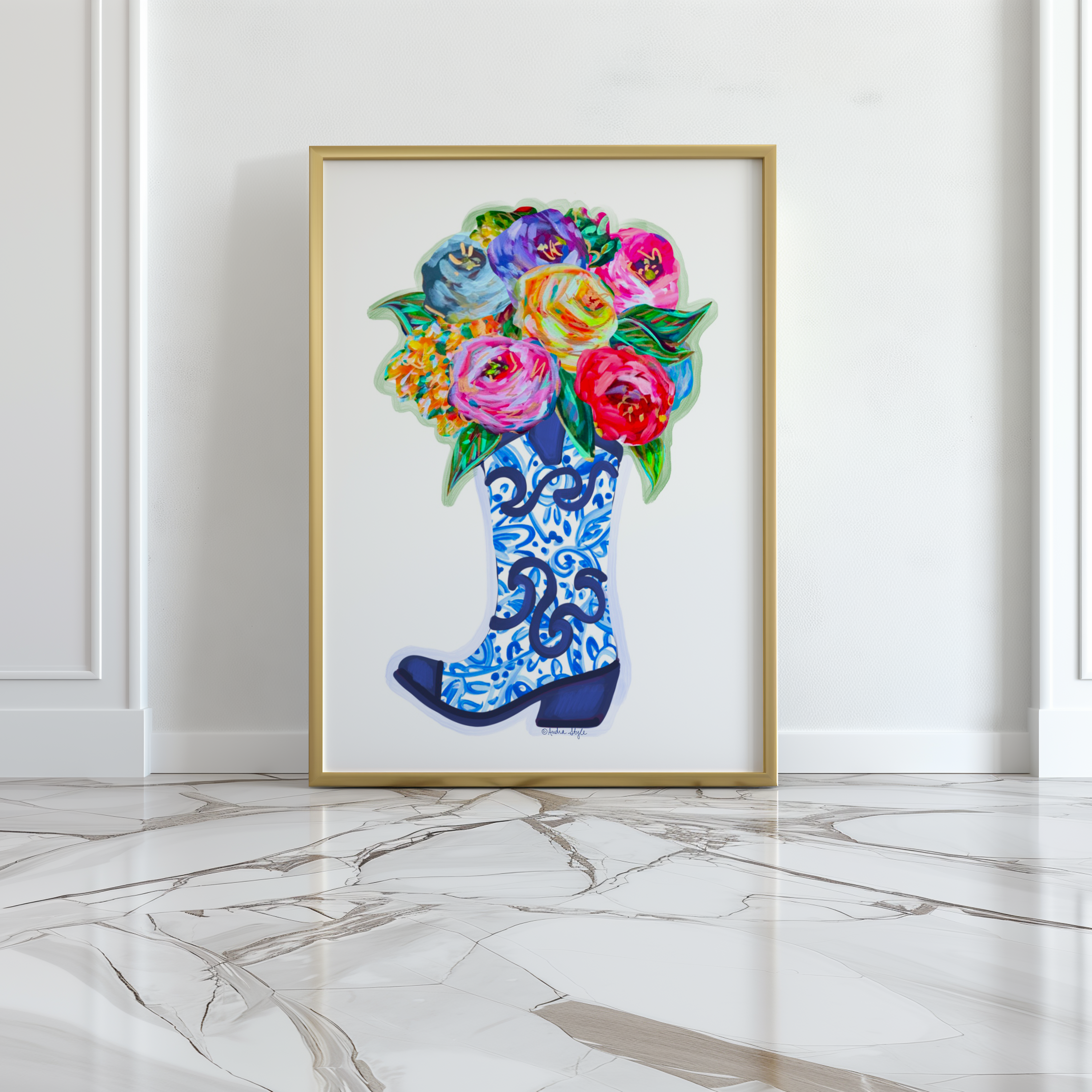 Blue and White Cowboy Boot Bouquet Art Print - Grand Millennial, Colorful Wall Art Poster