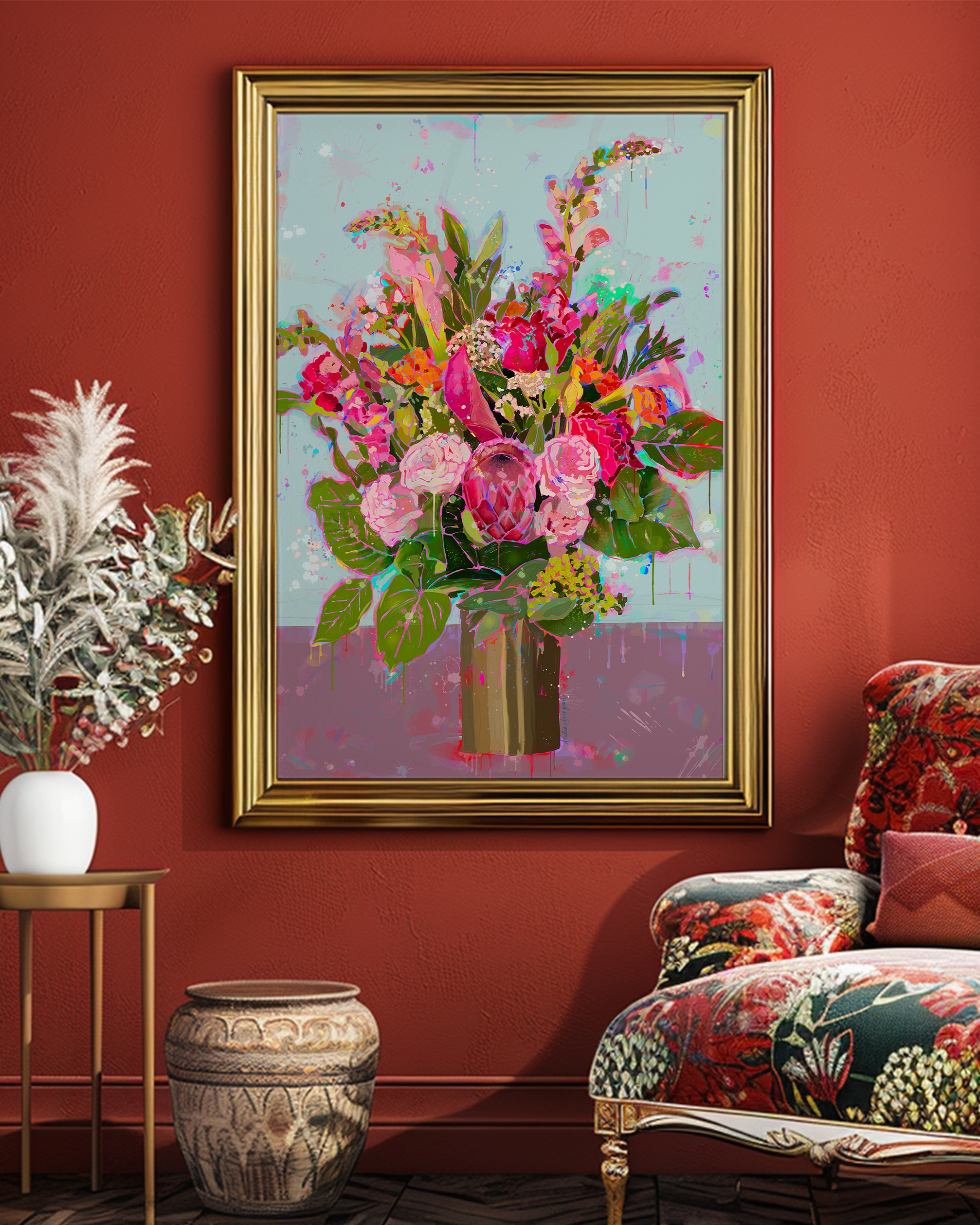 Brass Vase Colorful Floral Art Print on Paper or Canvas - Maximalist Home Decor, Colorful Poster