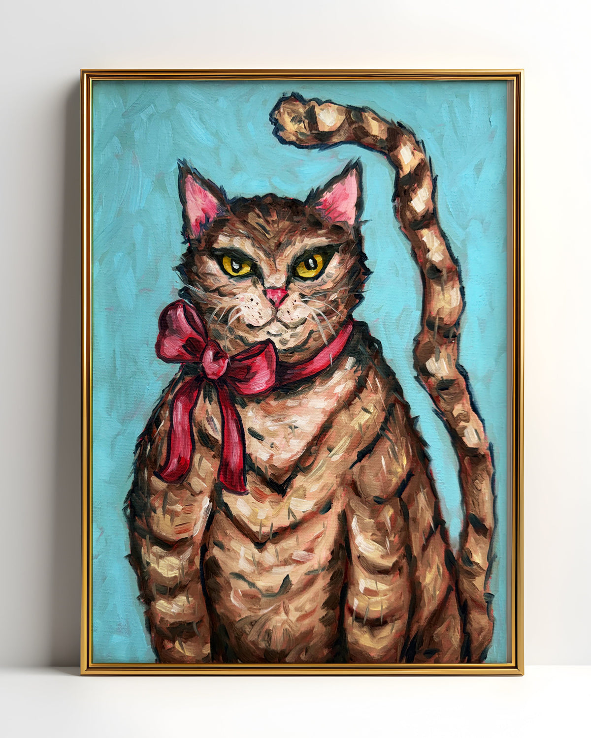 Brown Stripe Tabby Cat with Bow Art Print on Paper or Canvas - Kitty Cat Art Poster