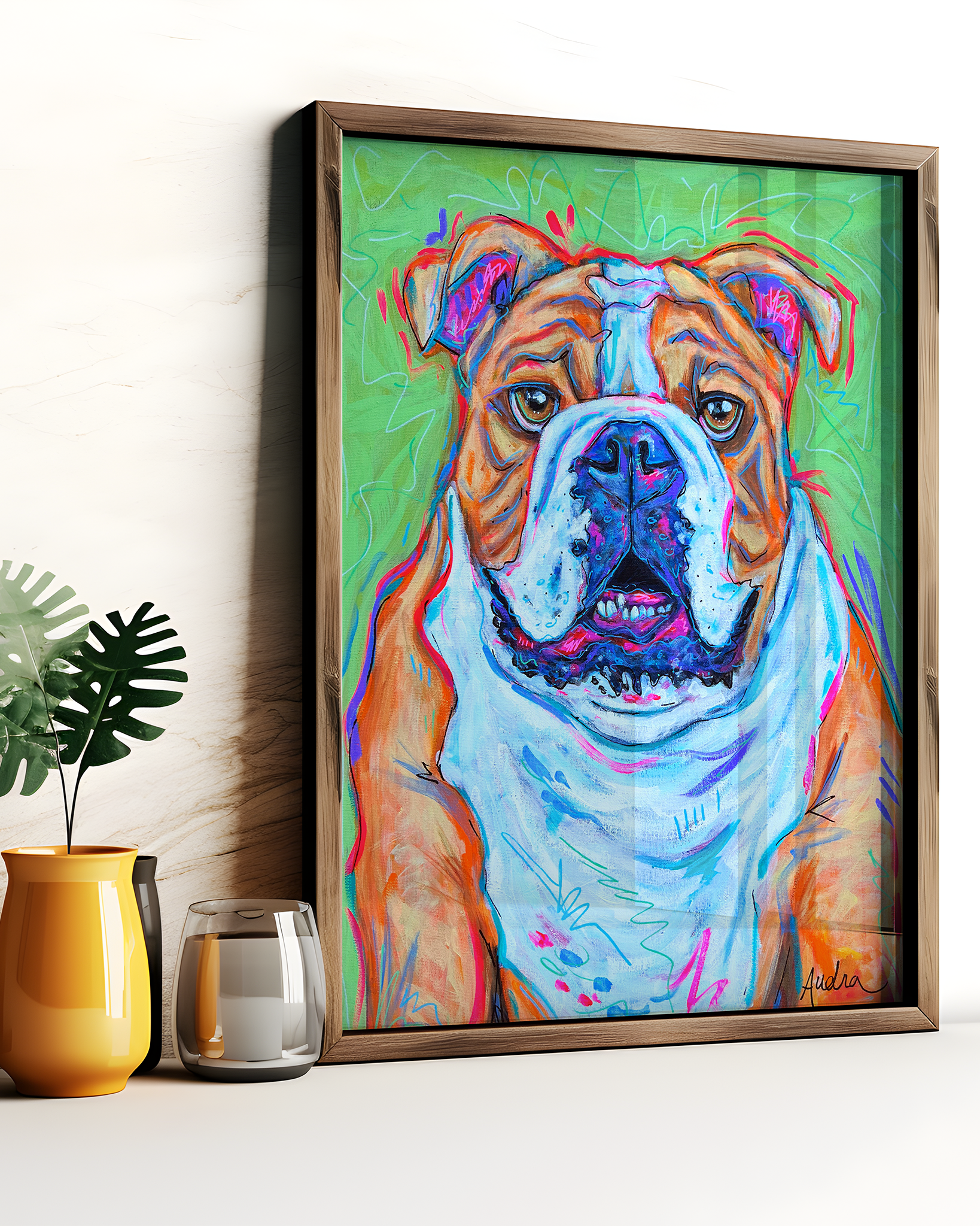 Bulldog Print on Paper or Canvas - Pet Art, Dog Poster, Colorful Wall Art, Dog Gift, Dopamine Decor