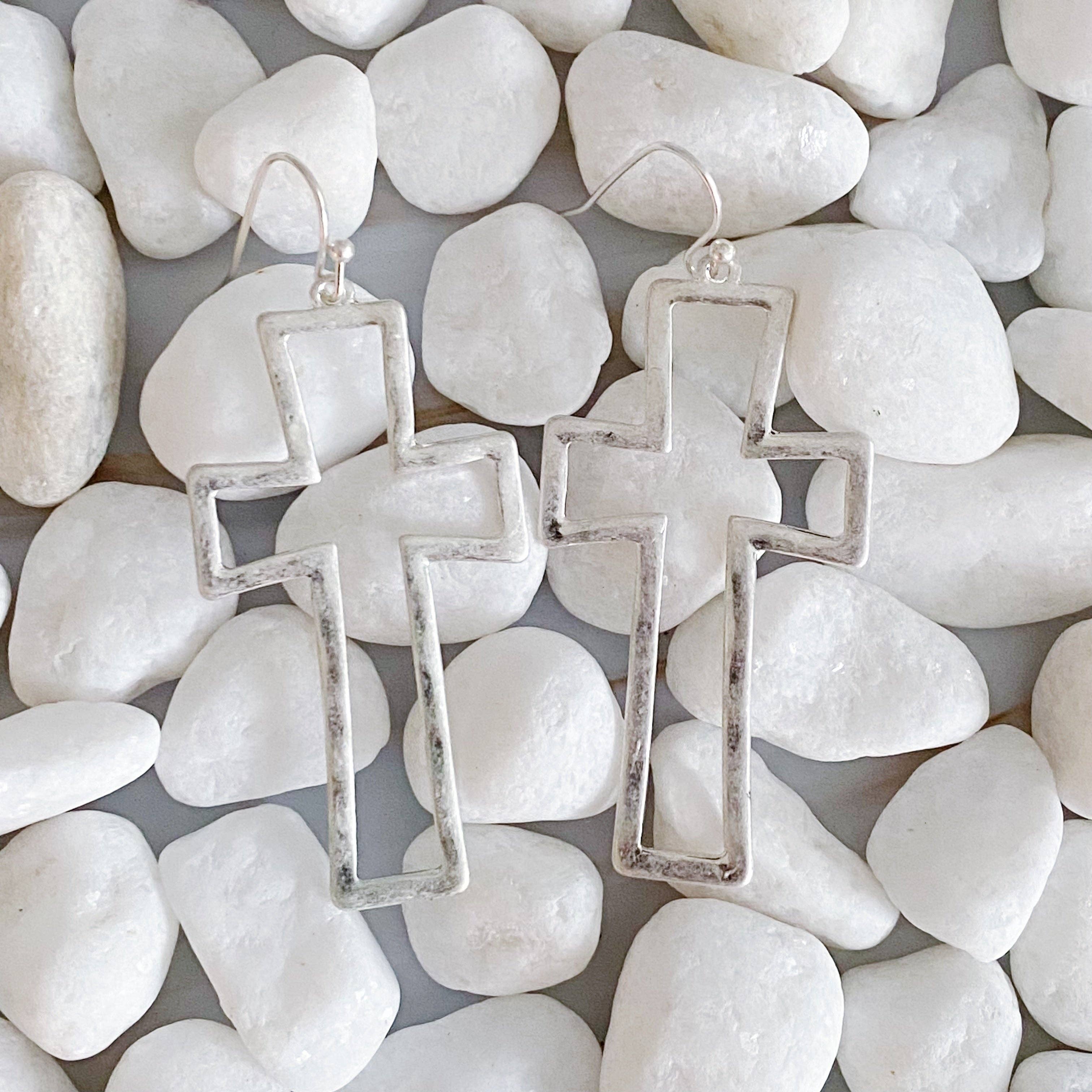 Dangle Cross Outlined Earrings: Silver