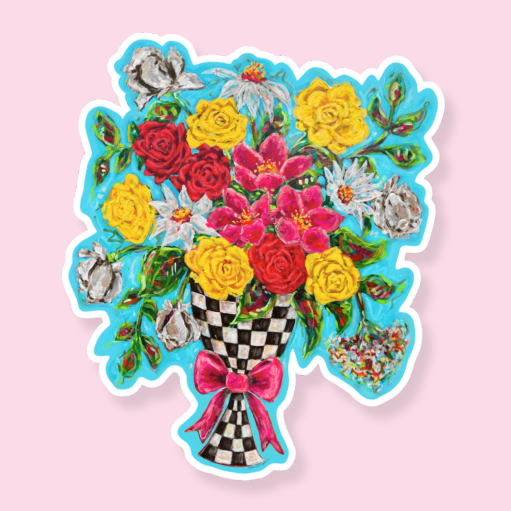 Checkered Vase Floral Bouquet Sticker