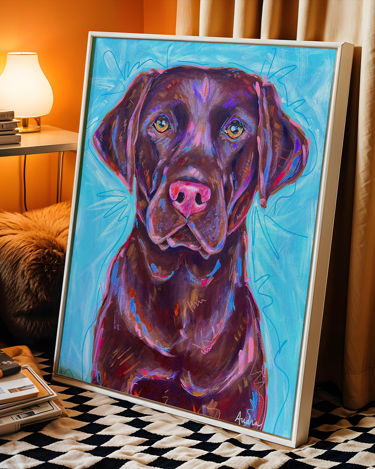 Chocolate Lab Print on Paper or Canvas - Pet Art, Dog Poster, Colorful Wall Art, Dog Gift, Dopamine Decor