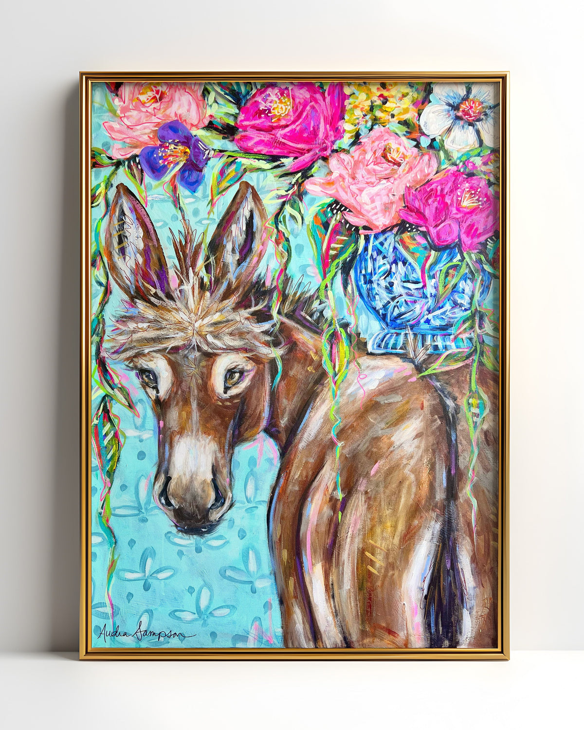 Clarence Donkey and Bouquet Print on Paper or Canvas - Maximalist Wall Decor, Floral Blue and White