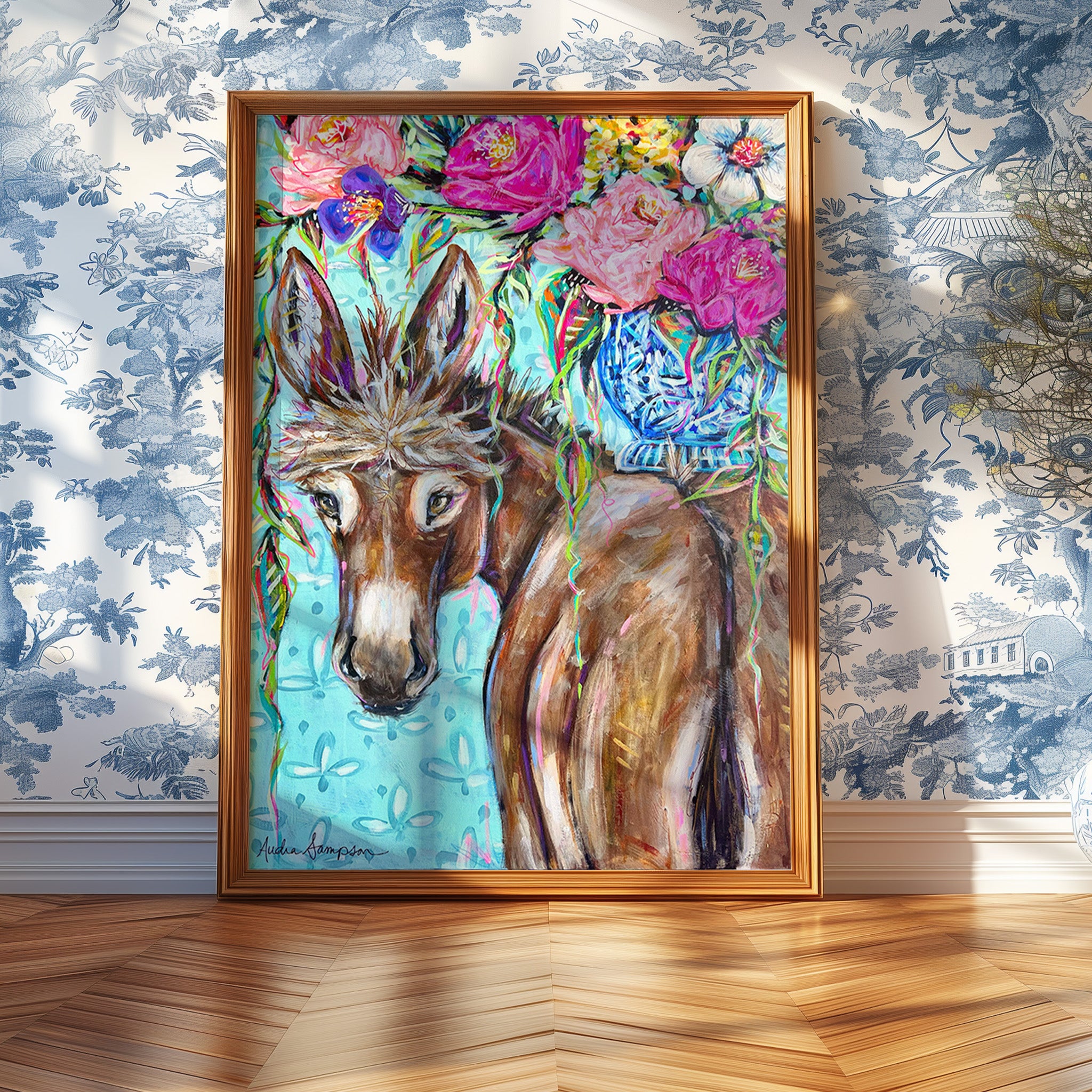 Clarence Donkey and Bouquet Print on Paper or Canvas - Maximalist Wall Decor, Floral Blue and White