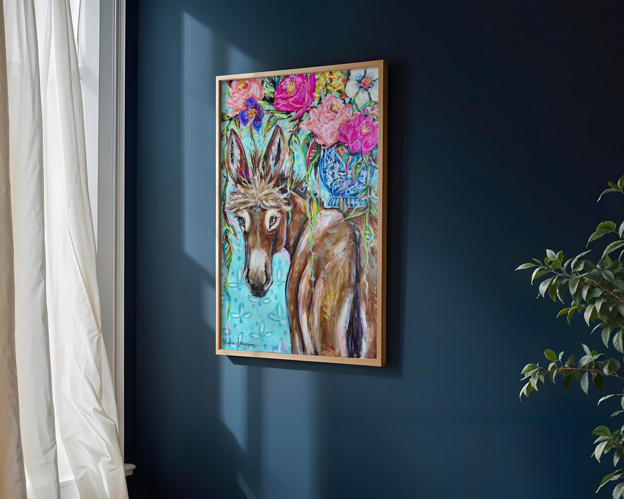 Clarence Donkey and Bouquet Print on Paper or Canvas - Maximalist Wall Decor, Floral Blue and White