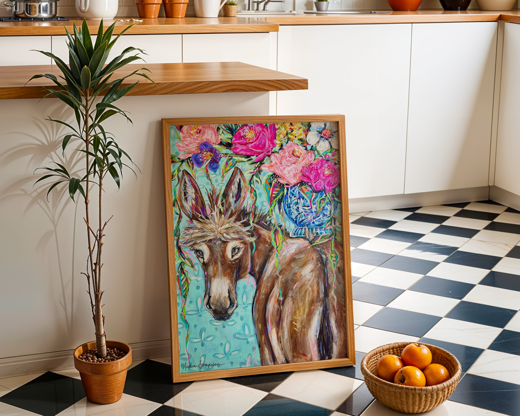 Clarence Donkey and Bouquet Print on Paper or Canvas - Maximalist Wall Decor, Floral Blue and White