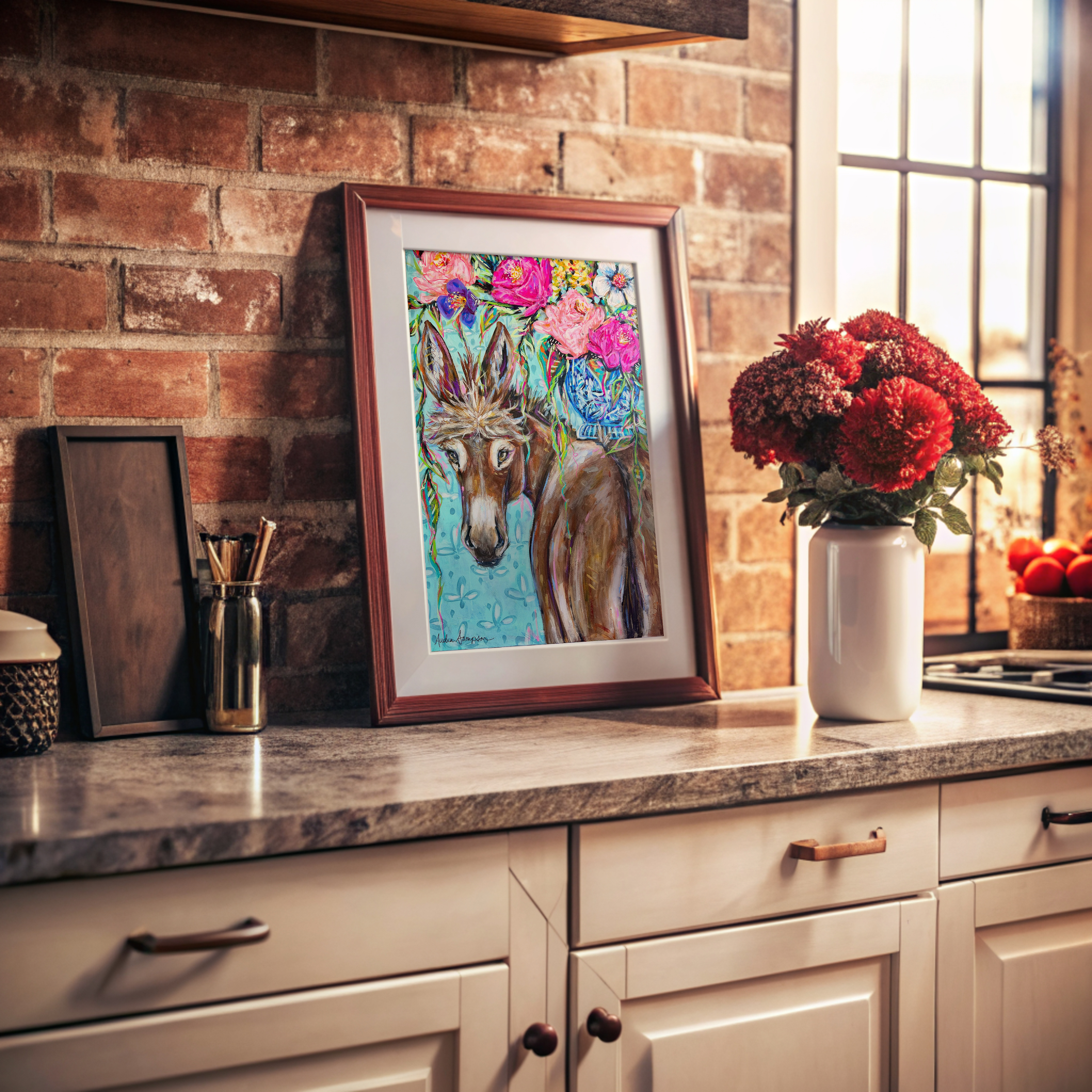 Clarence Donkey and Bouquet Print on Paper or Canvas - Maximalist Wall Decor, Floral Blue and White