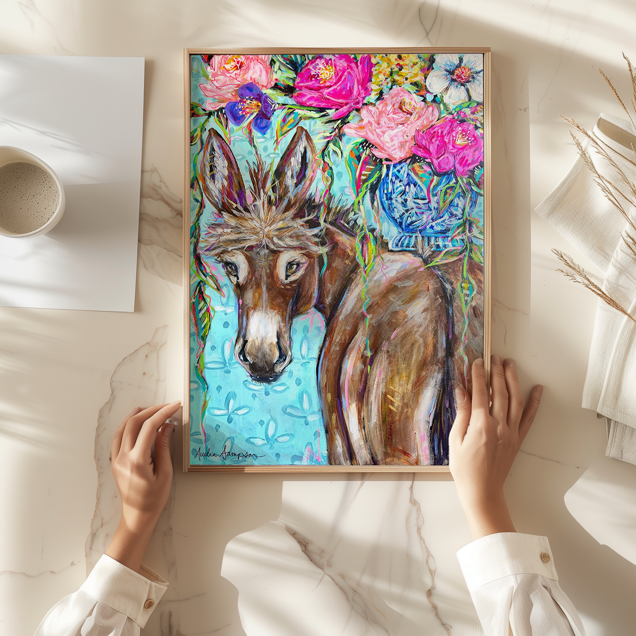 Clarence Donkey and Bouquet Print on Paper or Canvas - Maximalist Wall Decor, Floral Blue and White