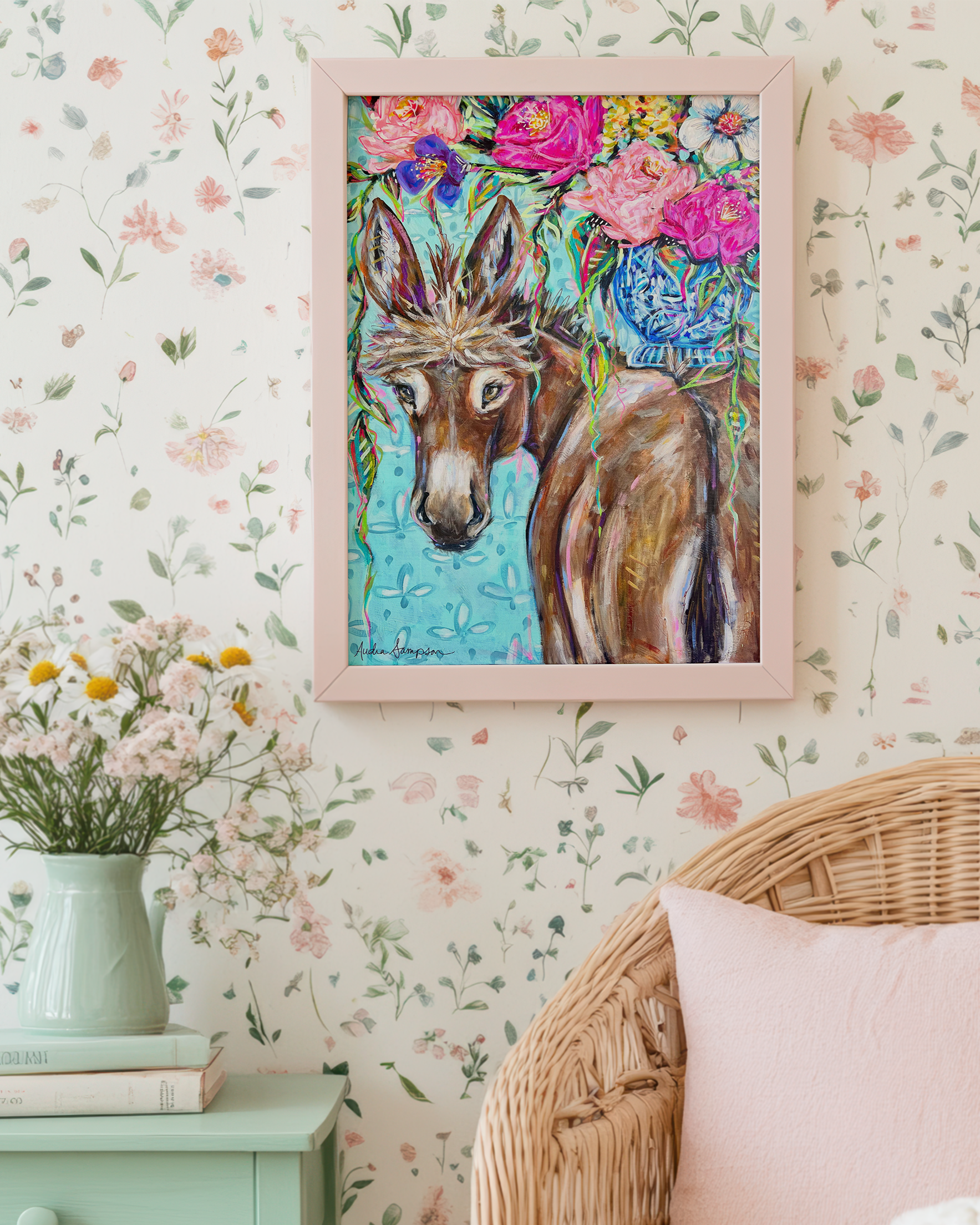 Clarence Donkey and Bouquet Print on Paper or Canvas - Maximalist Wall Decor, Floral Blue and White