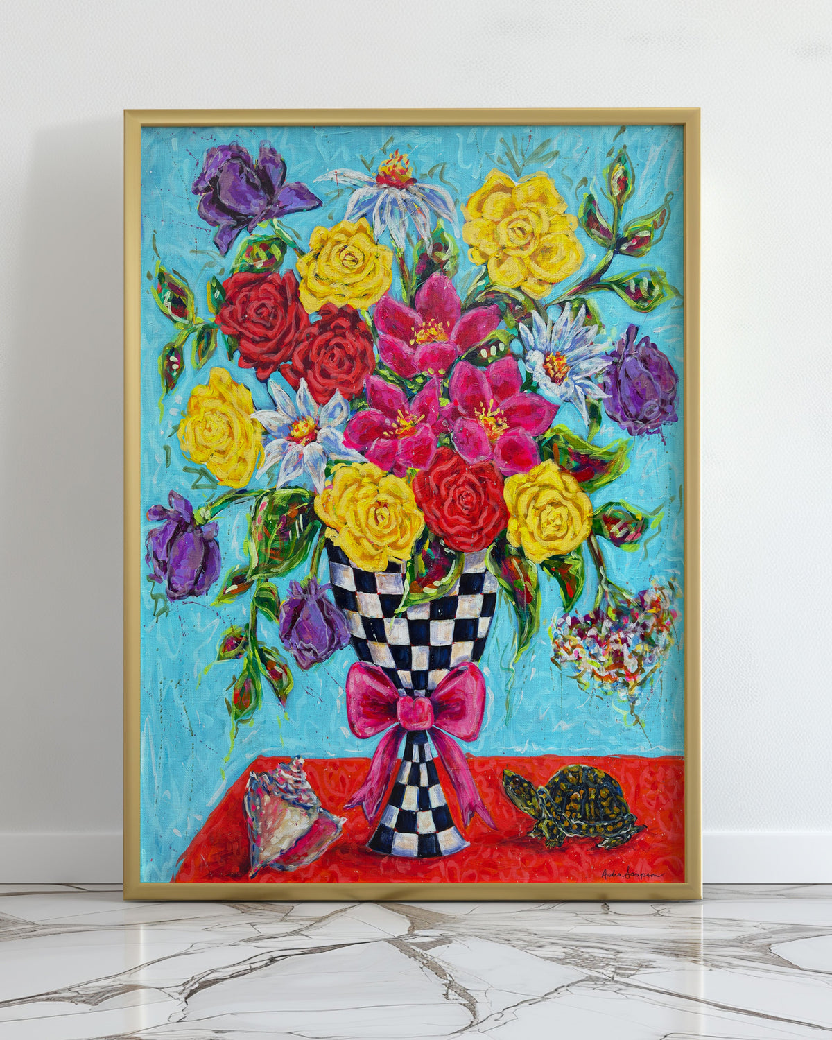 Conch and Turtle Floral Art Print on Paper or Canvas - Colorful Bouque