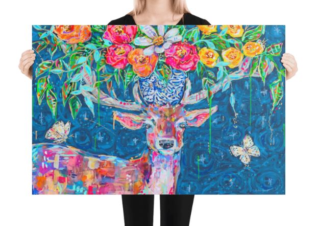 Starry Night Deer Bouquet Art Print on Paper or Canvas - Blue and White Floral Decor, Maximalist Art Poster