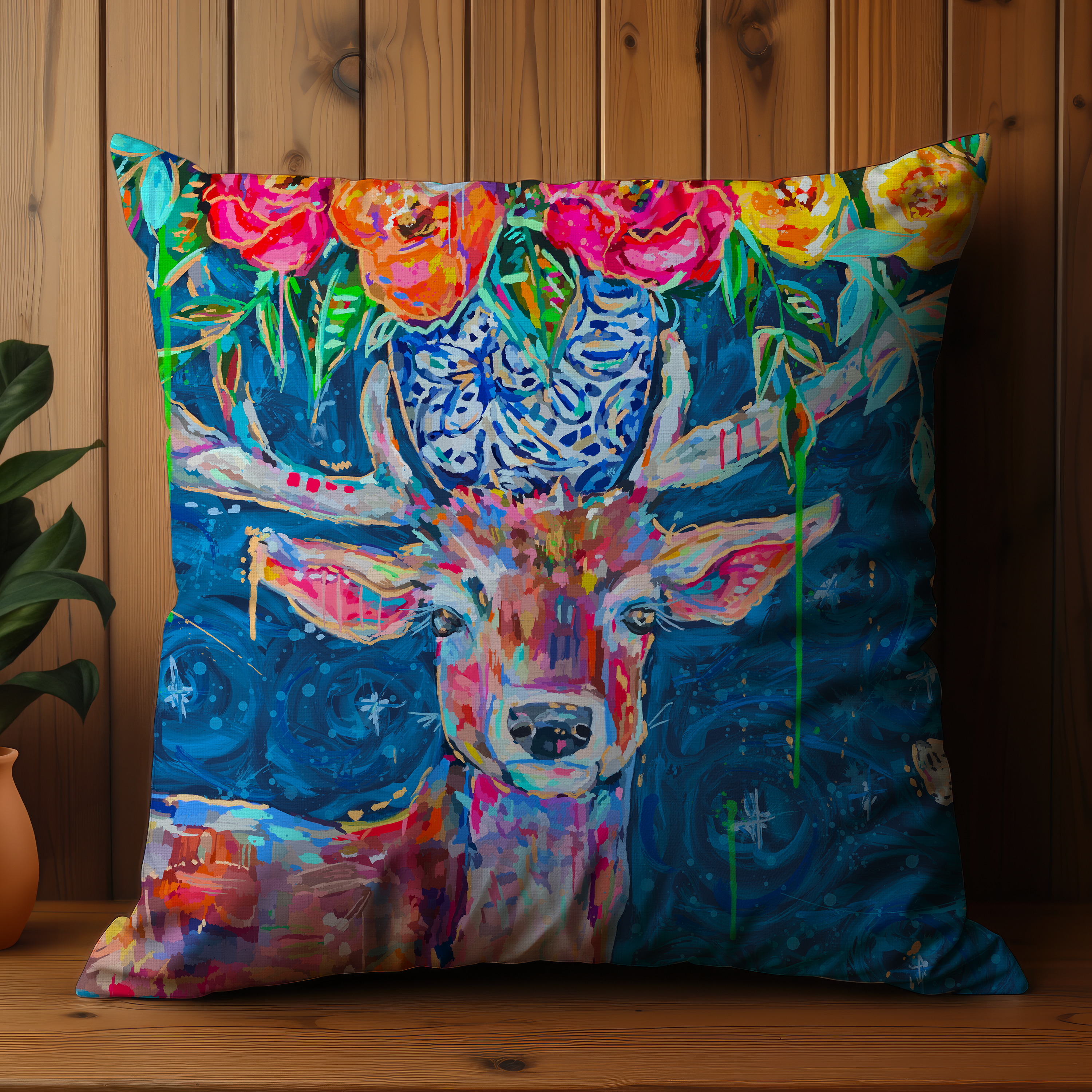 Deer and Bouquet Throw Pillow