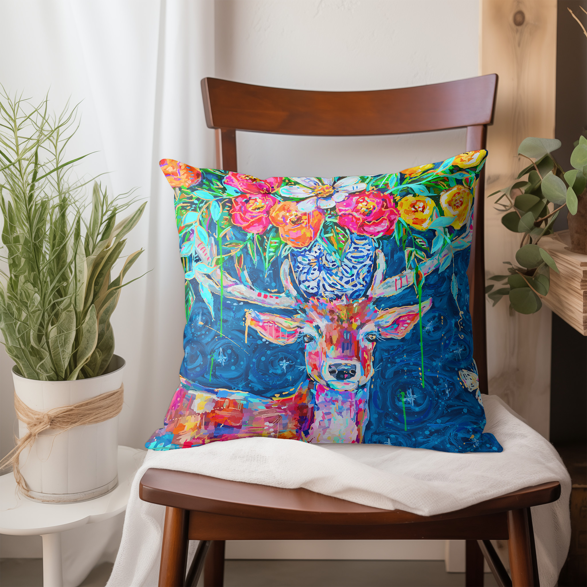 Deer and Bouquet Throw Pillow